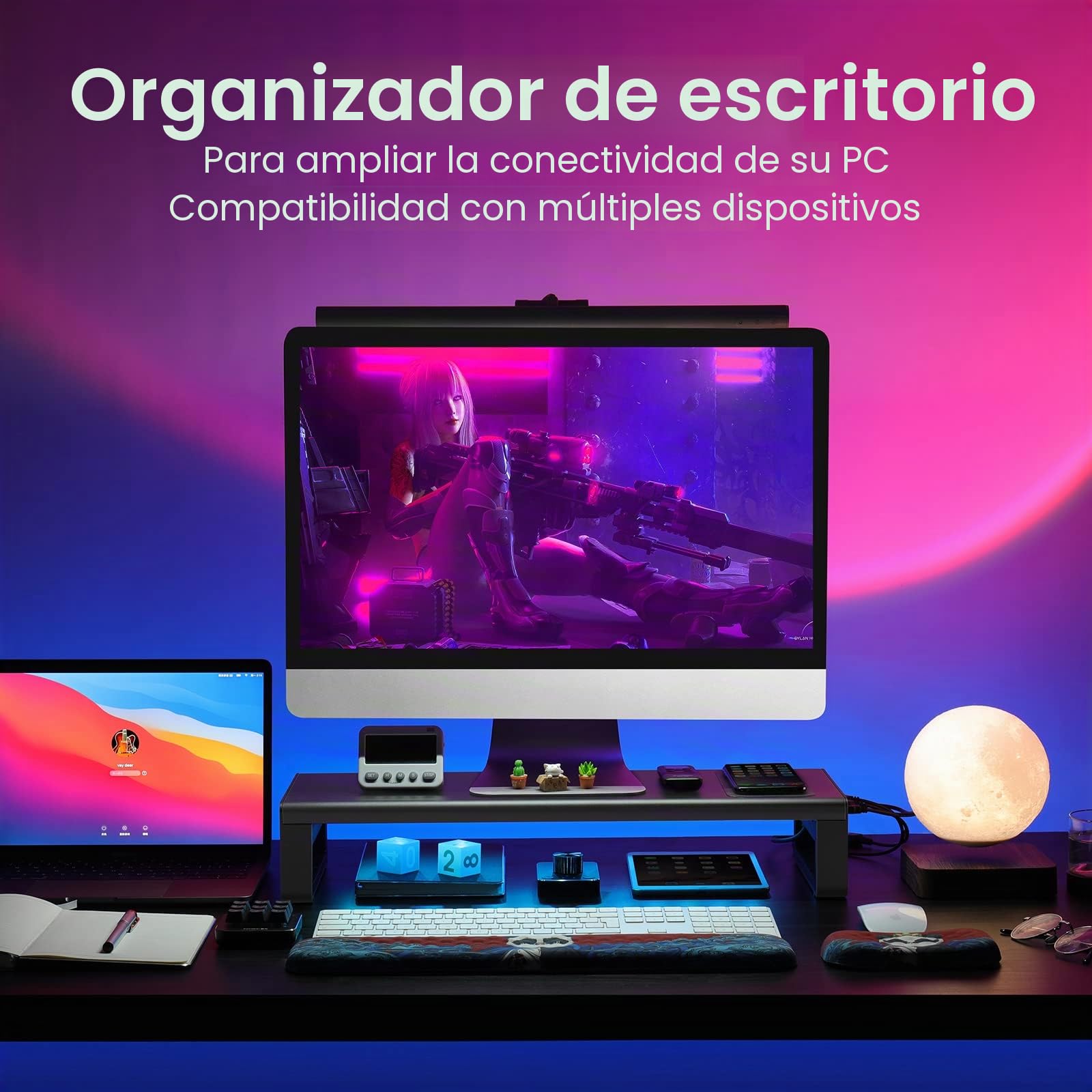 VAYDEER Soporte para Monitor con Carga Inalámbrica y USB | Soporte metálico con carga inalámbrica, puertos USB y cajones para organizar el escritorio