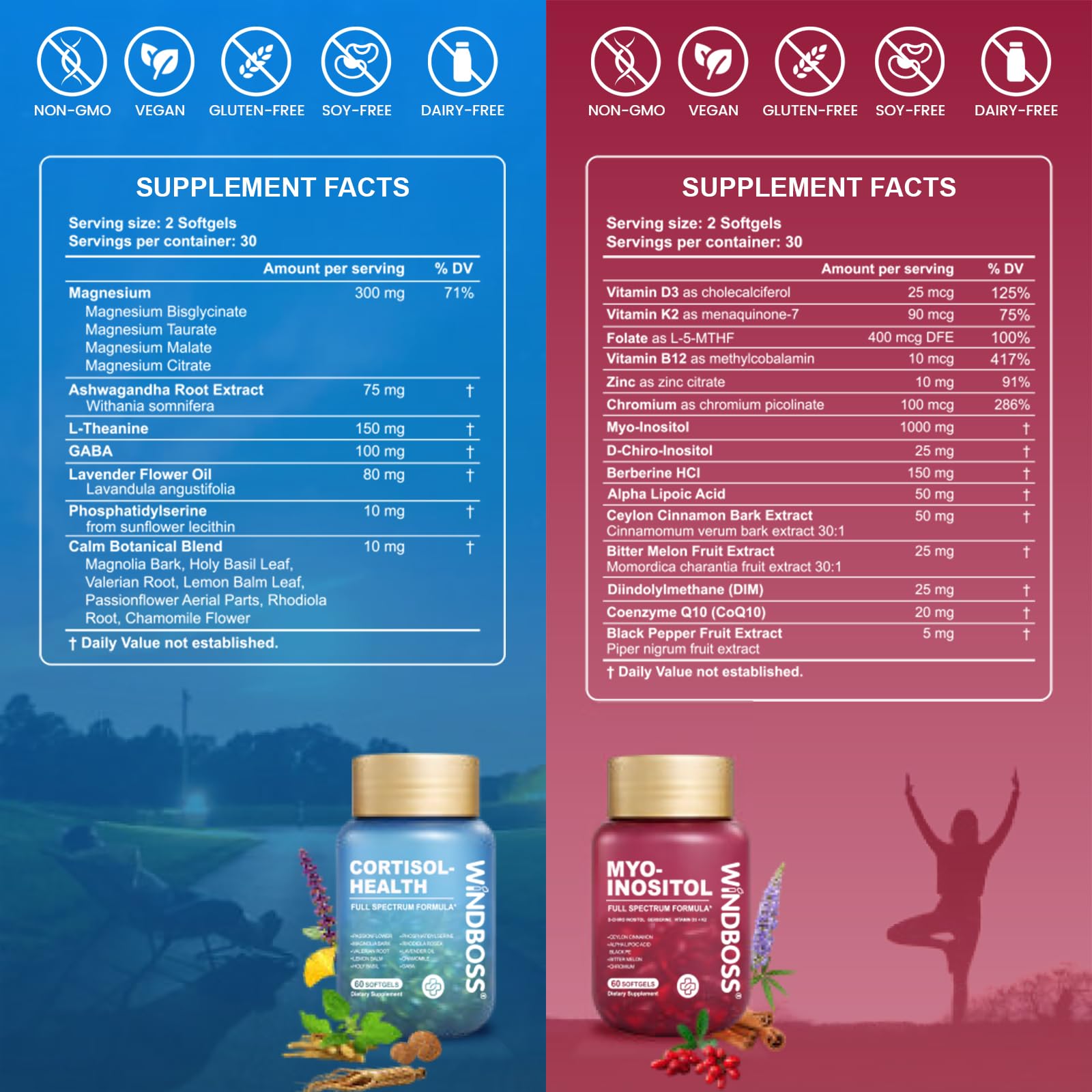 Windboss Myo - Suplementos de inositol y cortisol para mujeres, equilibrio hormonal, apoyo al estrés y bienestar emocional, D-Chiro inositol, Ashwagandha, berberina, vitamina D3+K2, 120 cápsulas 2