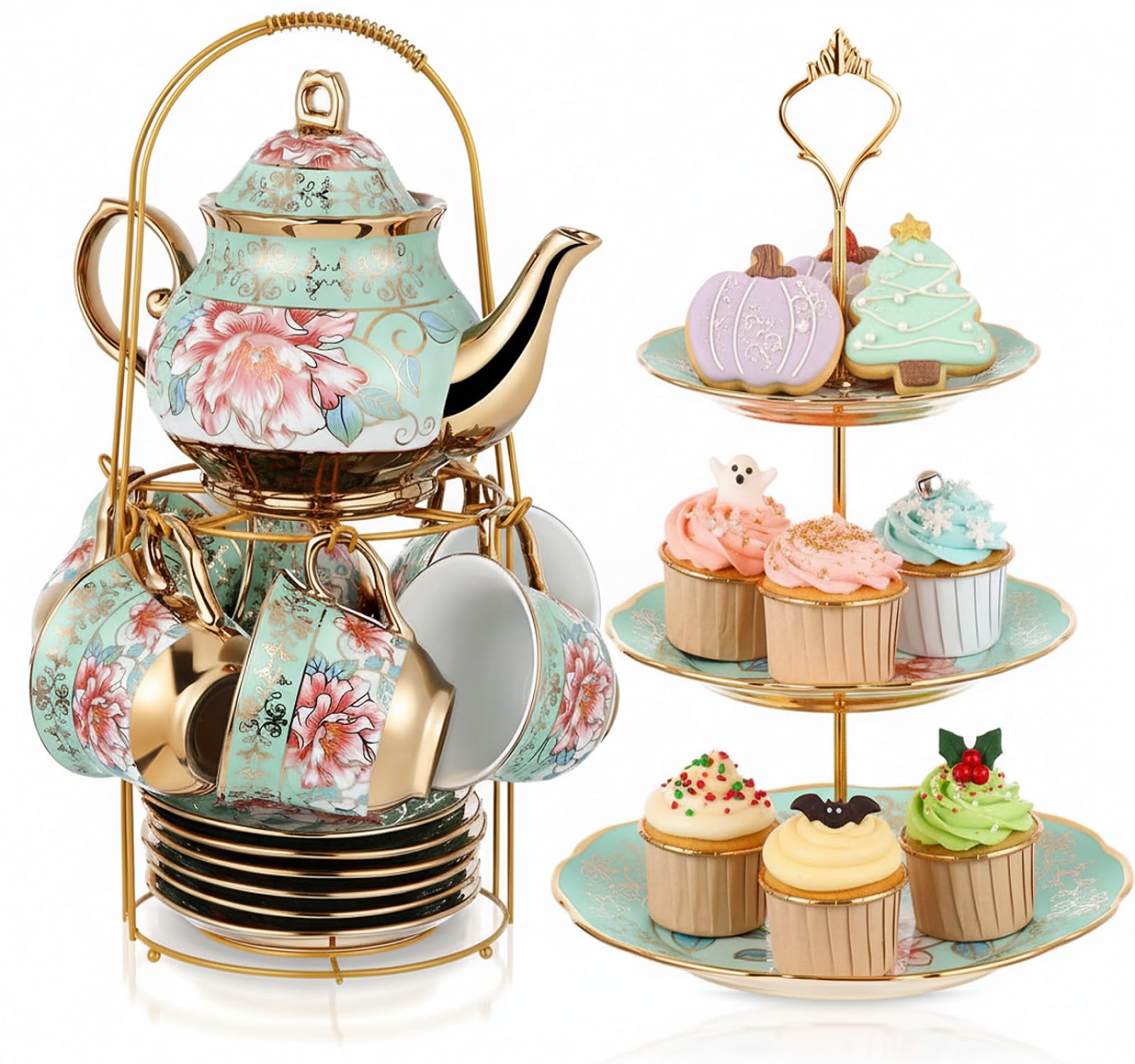Maxcheck 21 Pcs Tea Party Set for Adults European Floral Tea Set with Metal Holder and 3 Tier Ceramic Cake Stand Porcelain Flower Cup Teapot for Dessert Cupcake(Fresh Style)