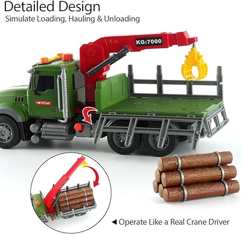 Miniatura 3 de Wenbeier Camión de granja de juguete para niños, camión de madera grande de 15 pulgadas con grúa de carga y 6 maderas, camión de troncos con sonido
