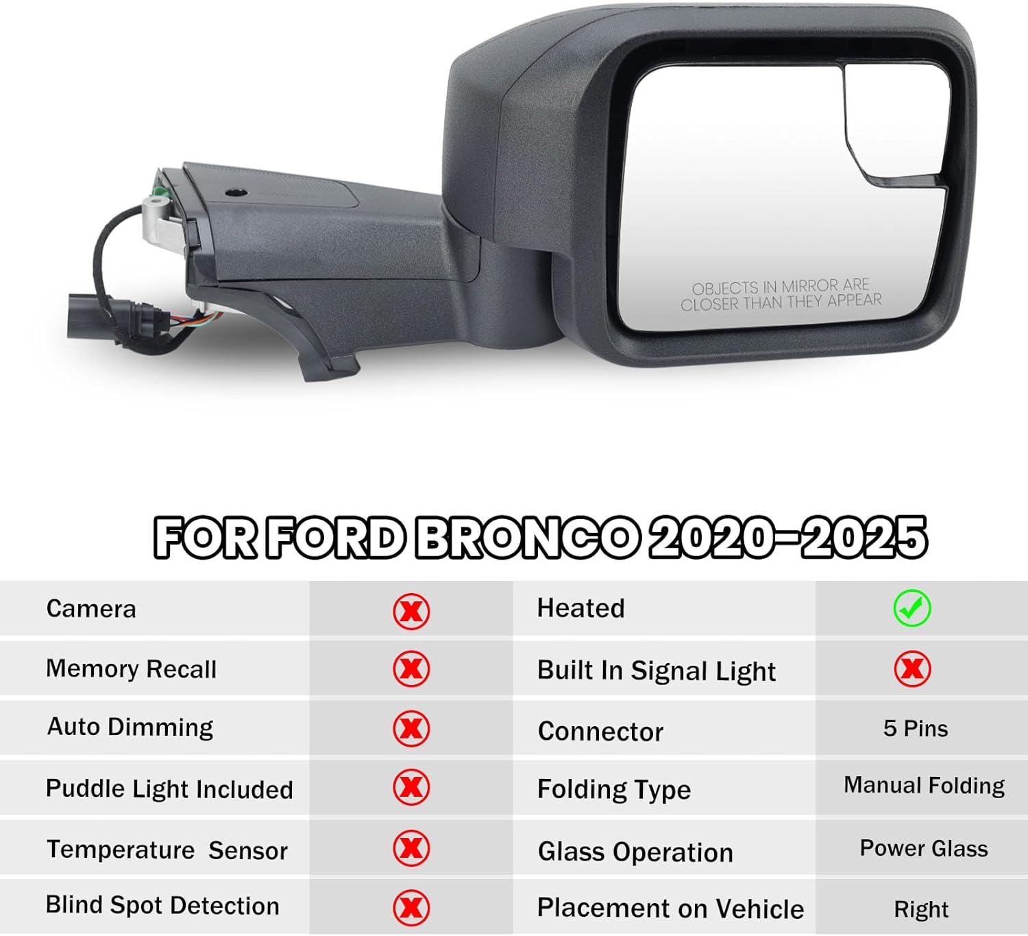 Passenger Side Mirror Compatible With 2021-2025 Ford Bronco Mirrors with Power Heated Glass Manual Folding Texture Black（5 Pins）