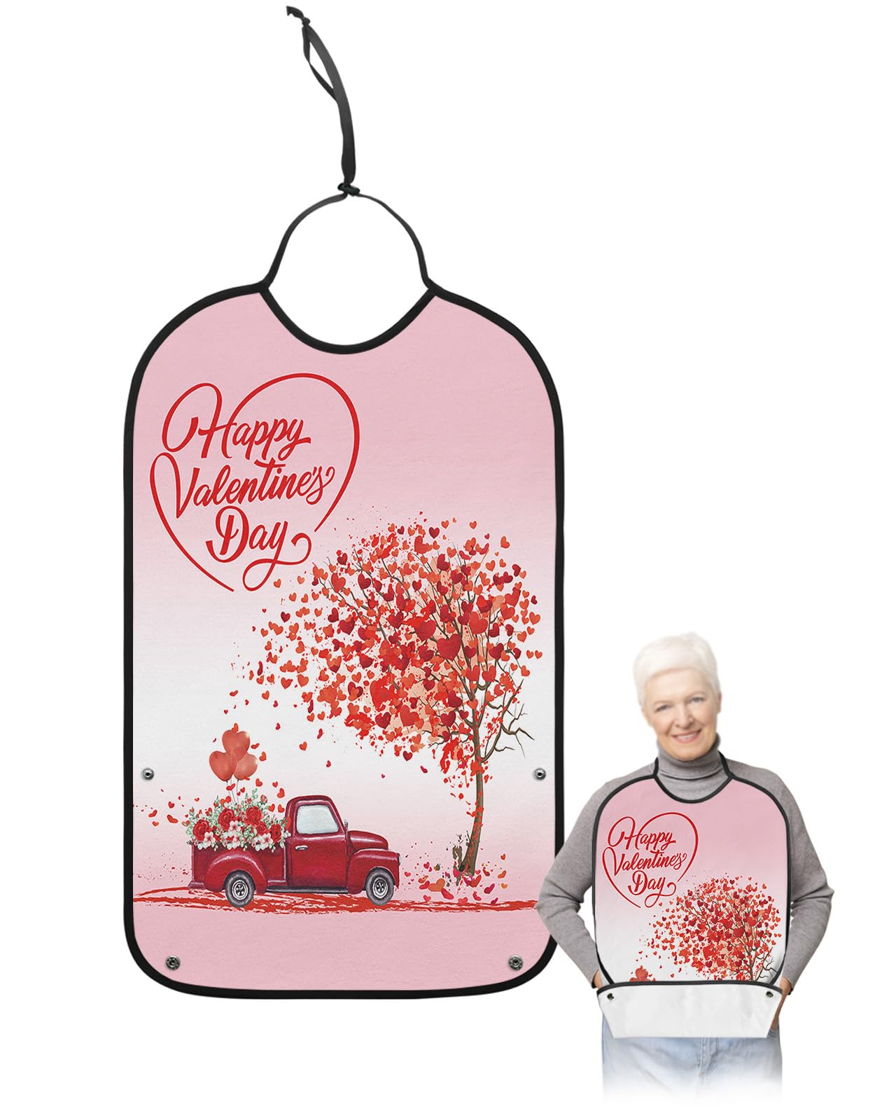 LEOKOTI Valentine Truck Adult Bibs for Eating, Waterproof Bibs with Food Catcher & Adjustable Snap Closure, Red Love Heart Tree Roses Washable Clothing Protectors Adult Bibs for Elderly Women/Men