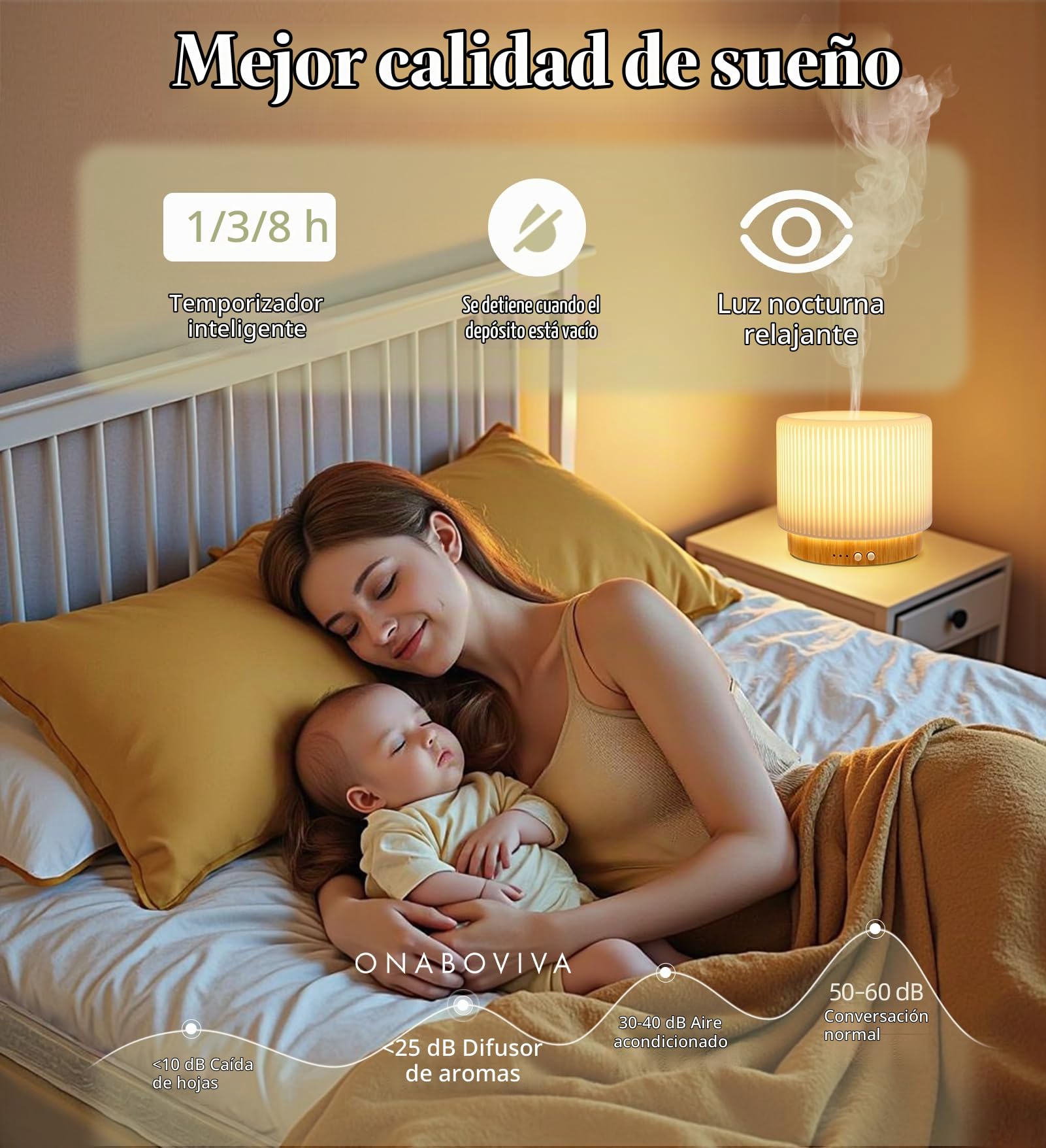 Onaboviva Buba - Difusor de aroma ultrasónico con humidificación de cerámica y bambú, luz de bienestar, temporizador, apagado automático, sin BPA, construcción silenciosa < 25 dB