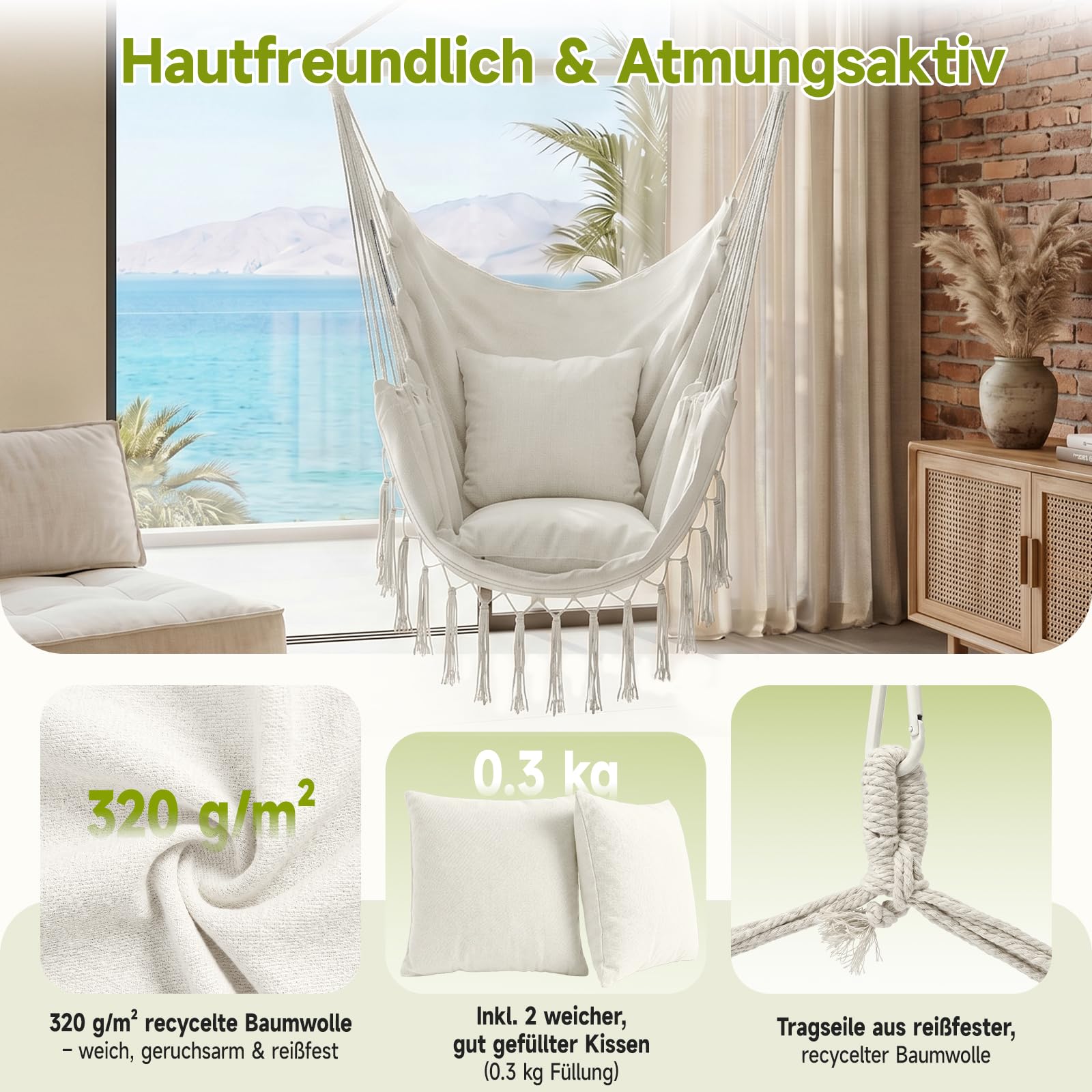 Sekey Hängesessel mit 2 Kissen & Seitentasche - Boho Hängestuhl bis 120 kg - Robuste Metallstange & Anti-Rutsch-Ringe - Atmungsaktive Hängeschaukel für Indoor, Balkon & Garten, Beige