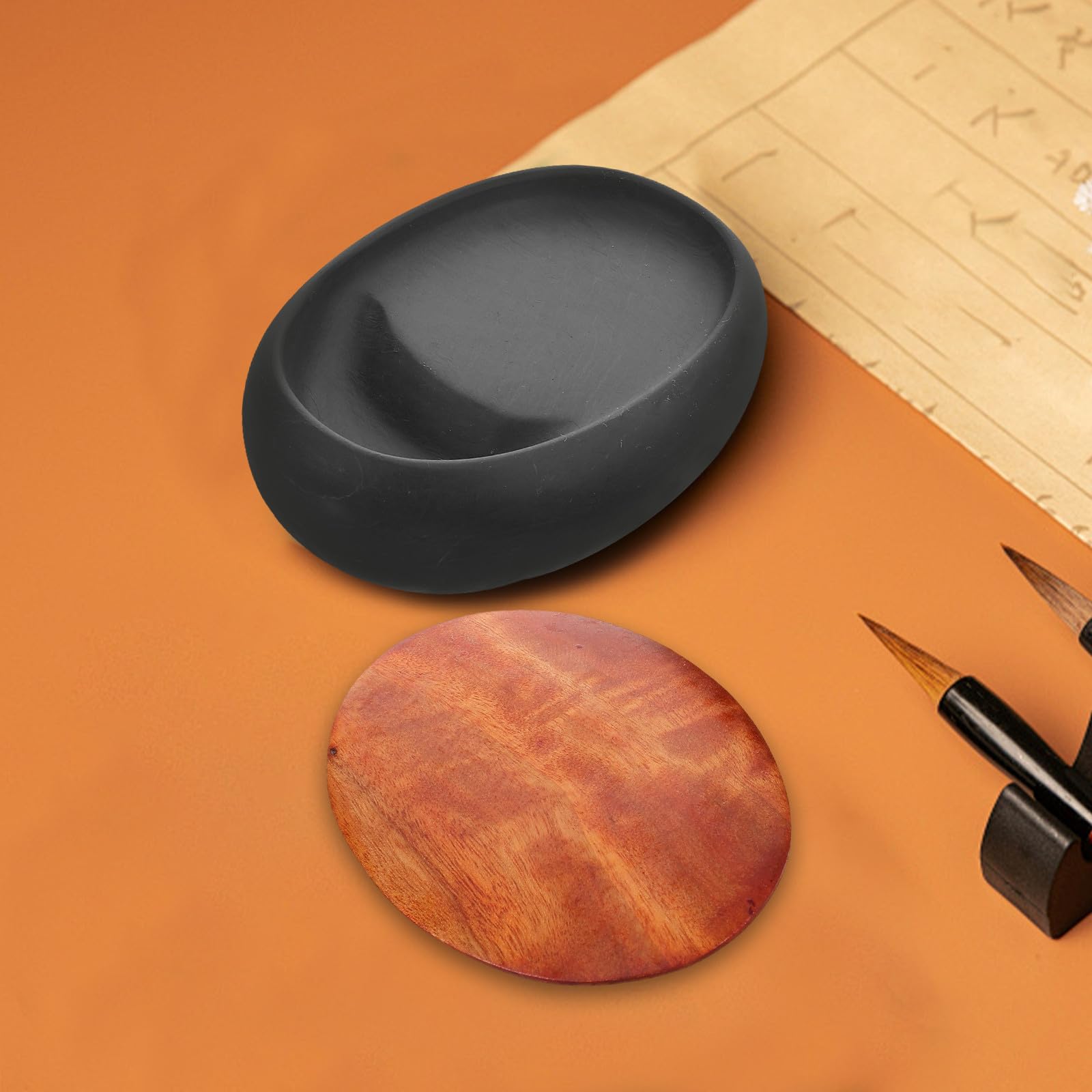 Tragbarer Chinesischer Retro Tuschstein mit Deckel Kleiner Kalligrafie Tintenplatte aus Verschleißfestem Inkstone und Holz für Künstlerische Kreation und Kalligrafie Übung