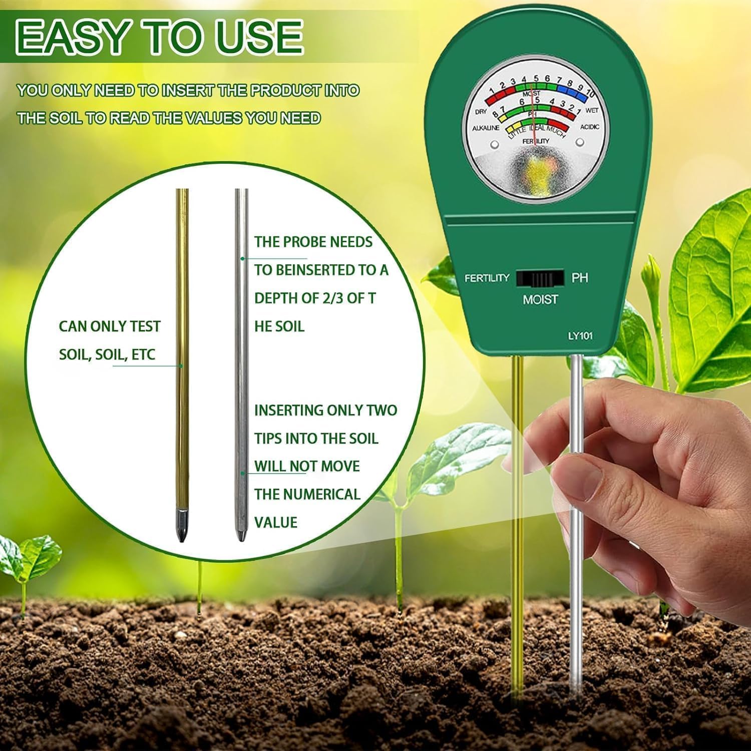 Misuratore di terreno 3 in 1, tester per pH, umidità e fertilizzante, misuratore di umidità del terreno per piante, giardino, fattoria, prato, senza batterie necessarie