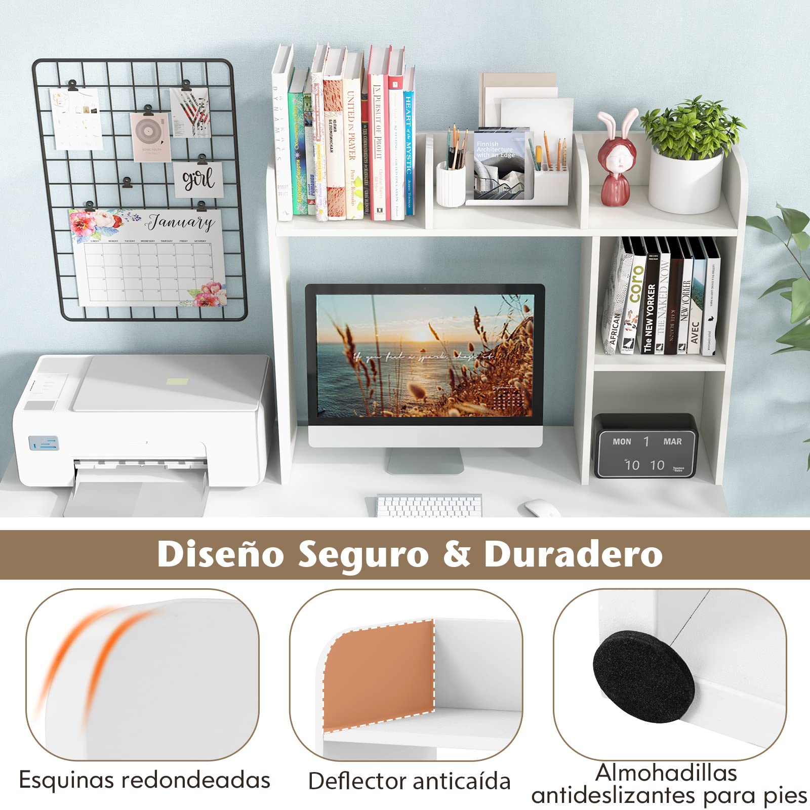 COSTWAY Estantería de Escritorio, 4 estantes y Compartimento Abierto Trasero, Organizador de Almacenamiento de Escritorio, Anti-vuelco, 94 x 25 x 74 cm (Blanco)