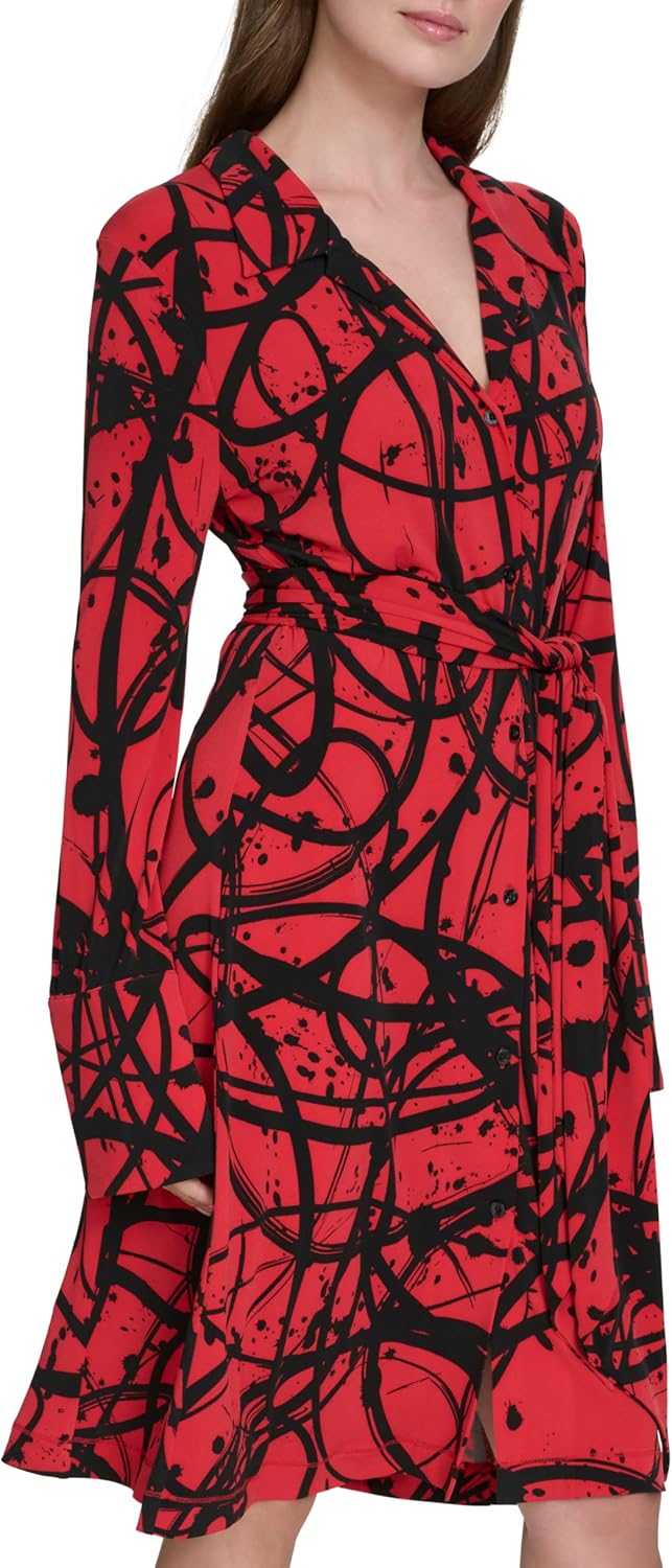 Halston Womens Long Sleeve Collared V-Neck Tie Waist Shirt Dress - Image 3