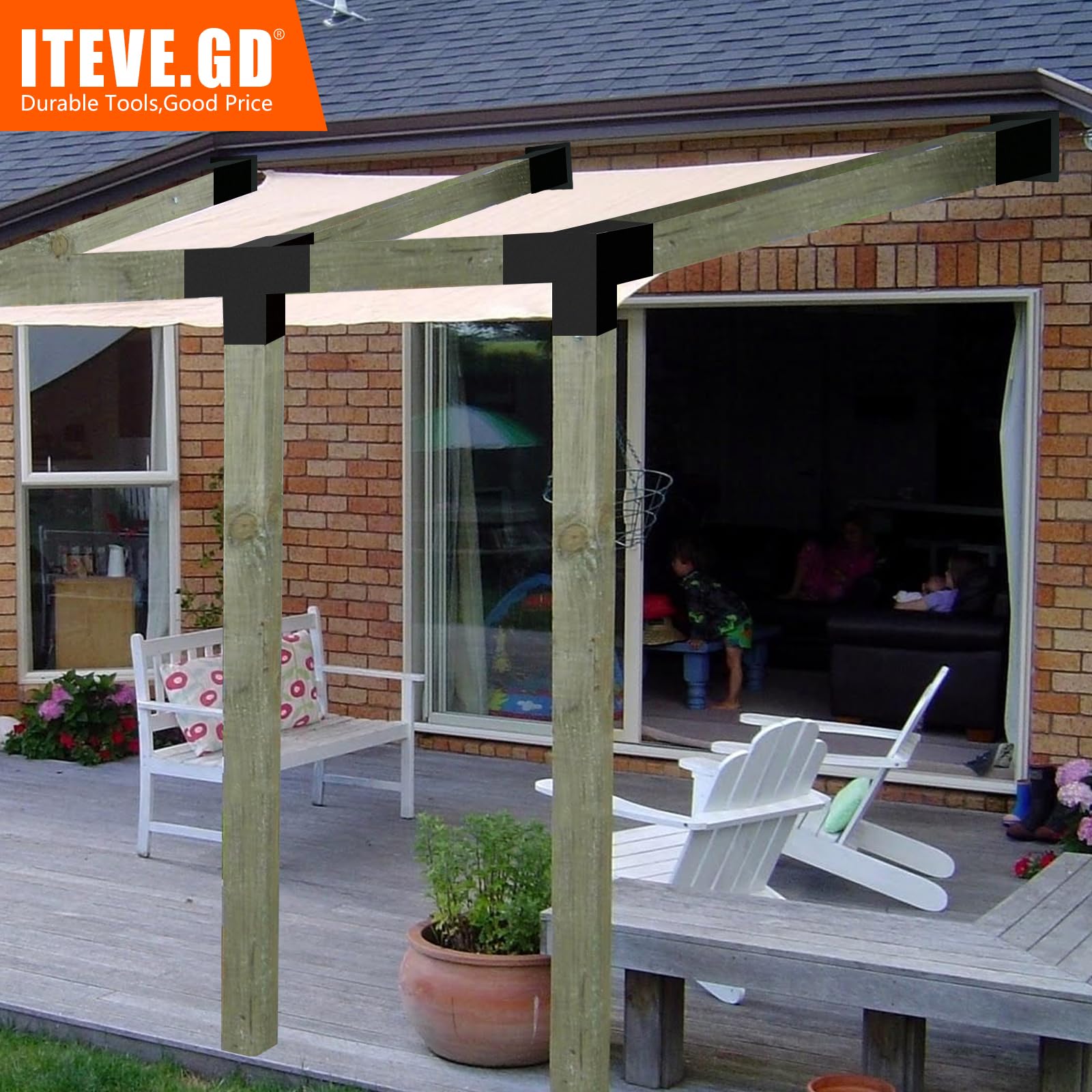 Kit di staffe per pergola a tetto inclinato a 15°, staffa angolare a 4 vie ad angolo retto con base per montaggio a parete per 4 x 4 (attuale: 8,9 x 8,9 cm) legname per pergolati, gazebo,