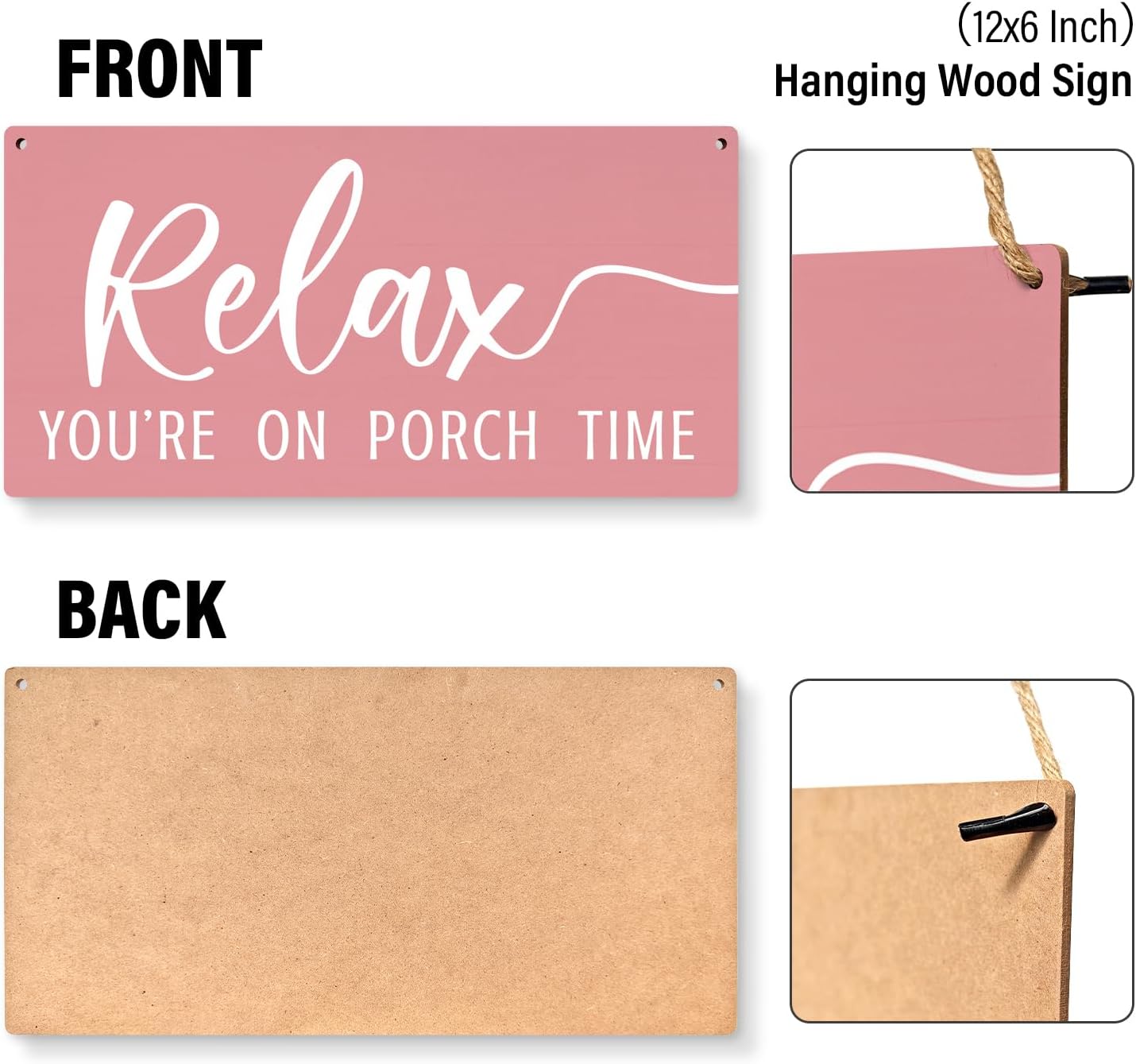 JXREQ Pink Wall Decor Door Sign Relax You're On Porch Time, Front Door Outdoor Porch Wood Hanging Sign for Home Backyard Patio, 12x6 Inch