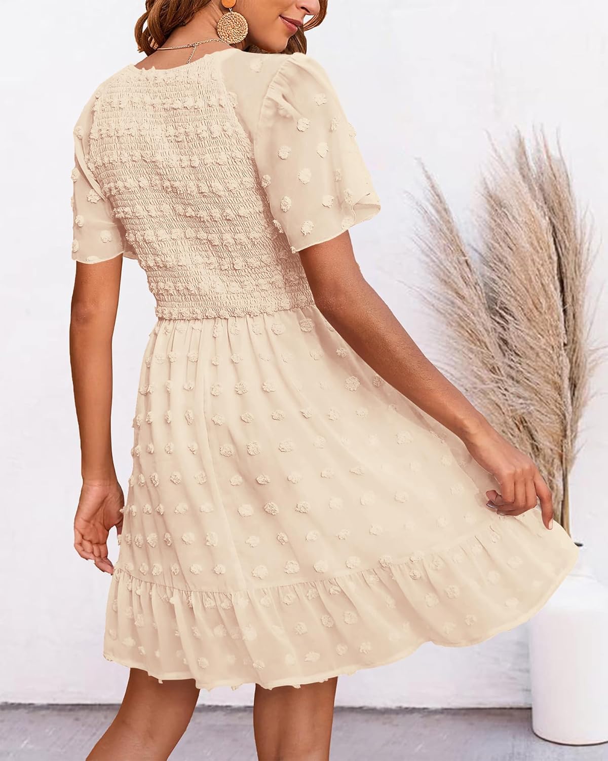 BTFBM Womens Beach Vacation Dress Summer 2026 V Neck Short Sleeve Smocked Swiss Dot Ruffle Casual Spring Mini Dresses - Image 3