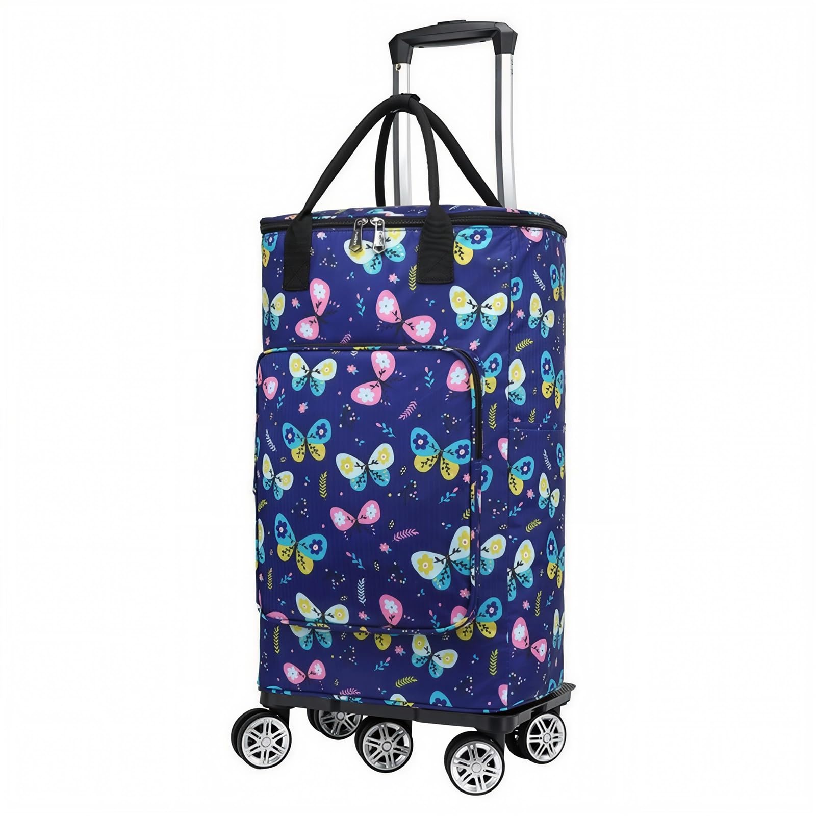 Falytemow Collapsible Utility Cart Foldable Reusable Shopping Trolley Bag with Wheels and Telescoping Handle Water-Repellent Oxford Fabric Folding Grocery Cart (Purple Butterfly, L)