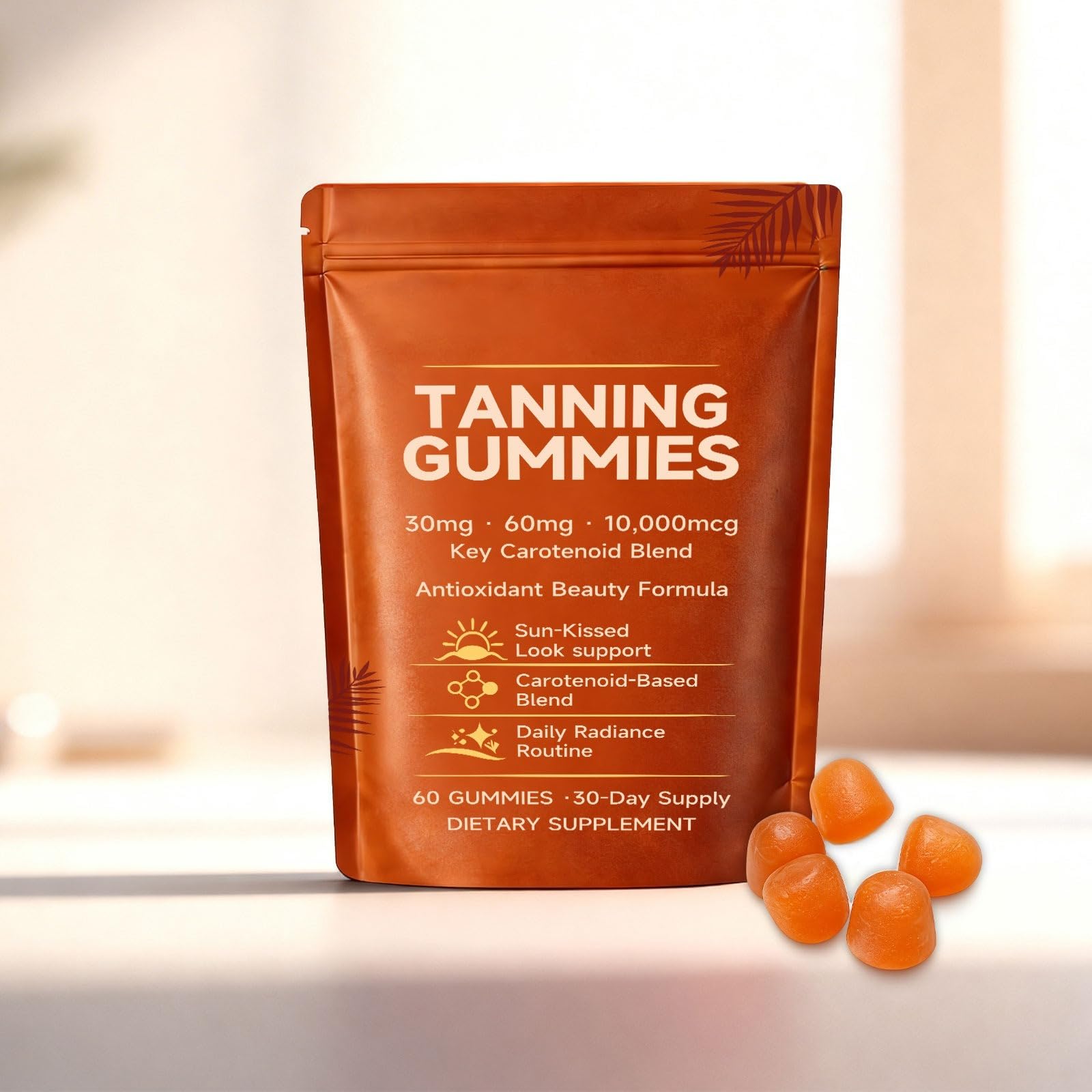 Gummies bronceadoresbronceado rápido sin sol, bronceadores para mujeresmezcla de astaxantina, betacaroteno y licopeno, brillo de la piel e hidratación para un brillo natural,