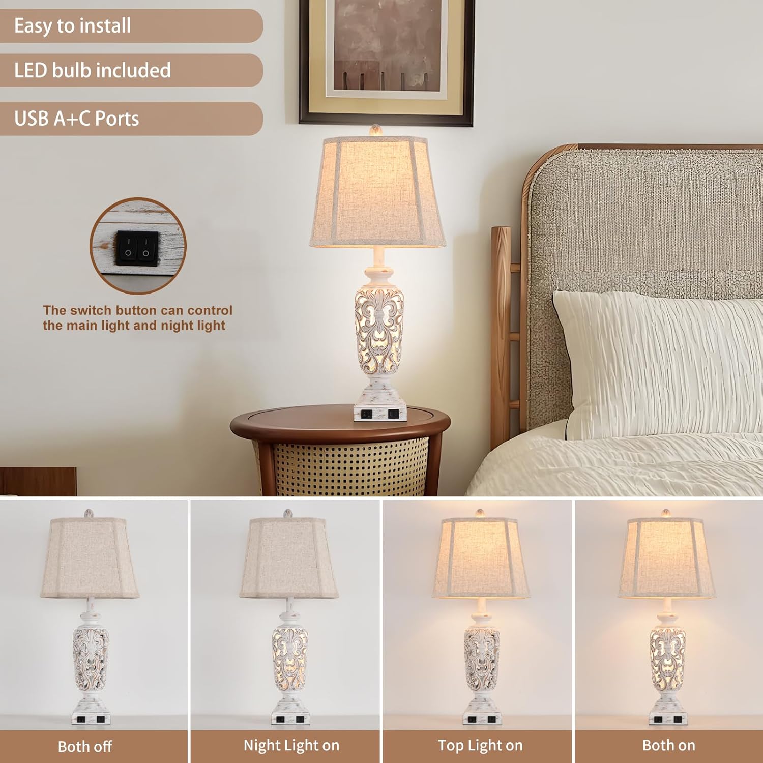 Living Room Lamps Set Bedside Lamp Farmhouse Rustic Lamp Bedroom for Nightstand Lights Set of 2 with USB A+C Ports Palace Lampshade (White Wash,28-in High)