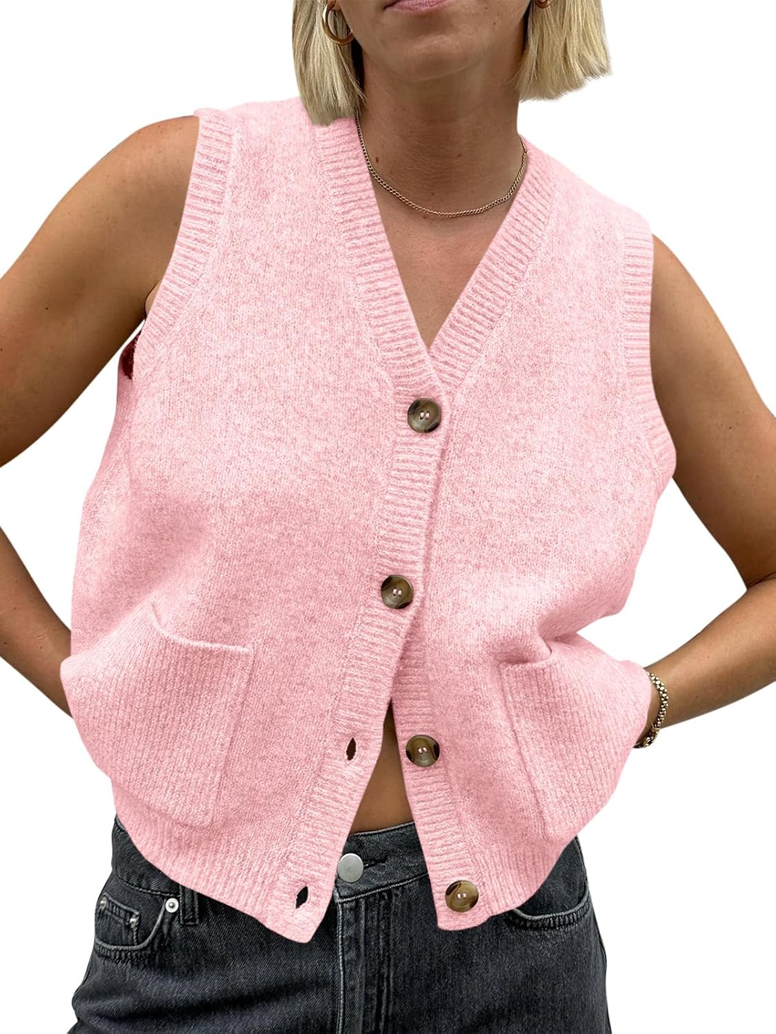 Saodimallsu Womens Sleeveless Sweater Vest Button V Neck Knit Trendy Casual Summer Cardigan with Pockets