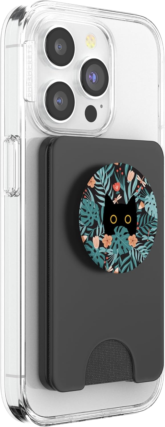 Black Cat in Botanical Flowers Green Floral Pattern Cute Cat PopSockets PopWallet for MagSafe