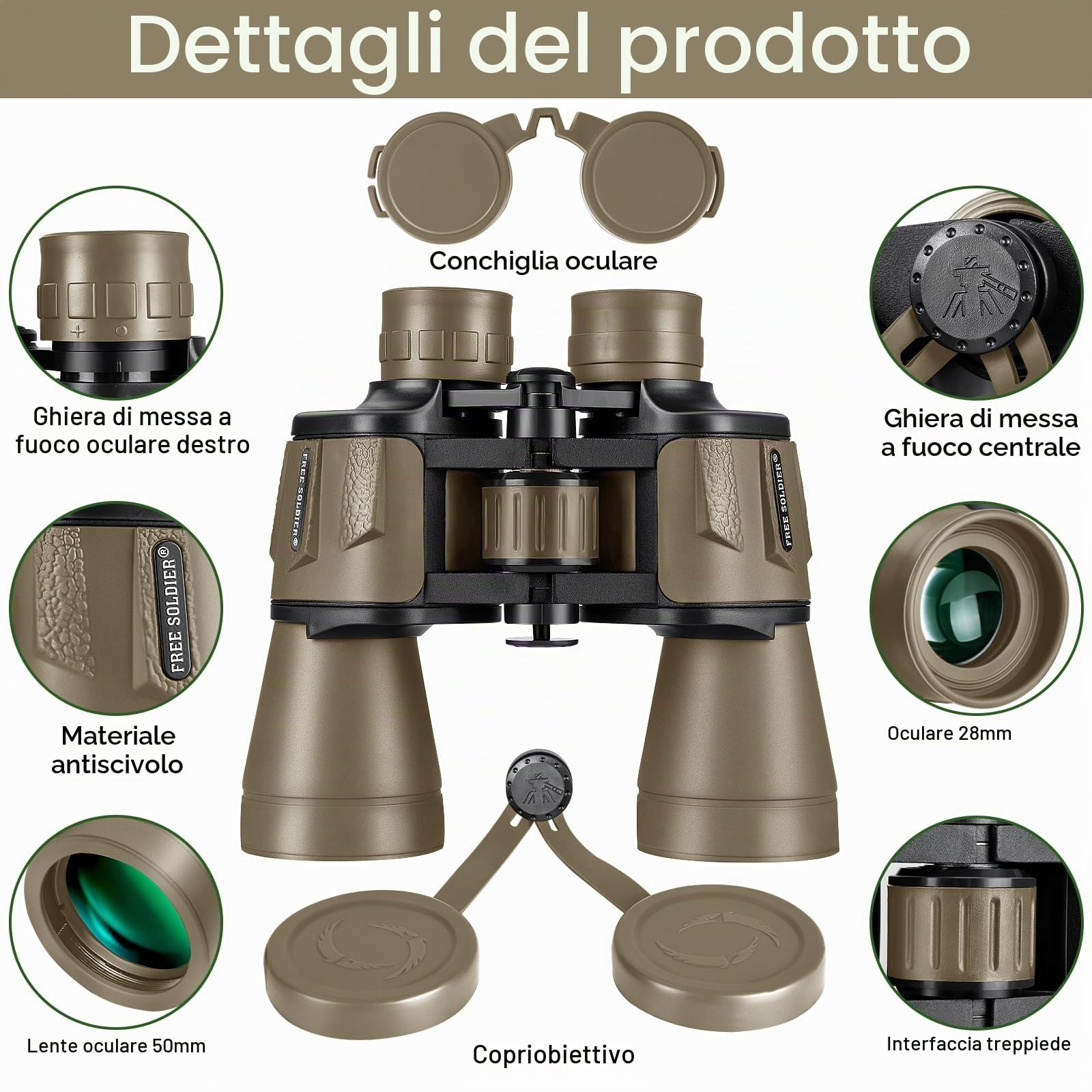 Binocolo militare da 20 x 50 per adulti con adattatore per smartphone, compatto e impermeabile, per birdwatching, caccia, concerti, viaggi, teatro con lente BAK4 Prism FMC, fango