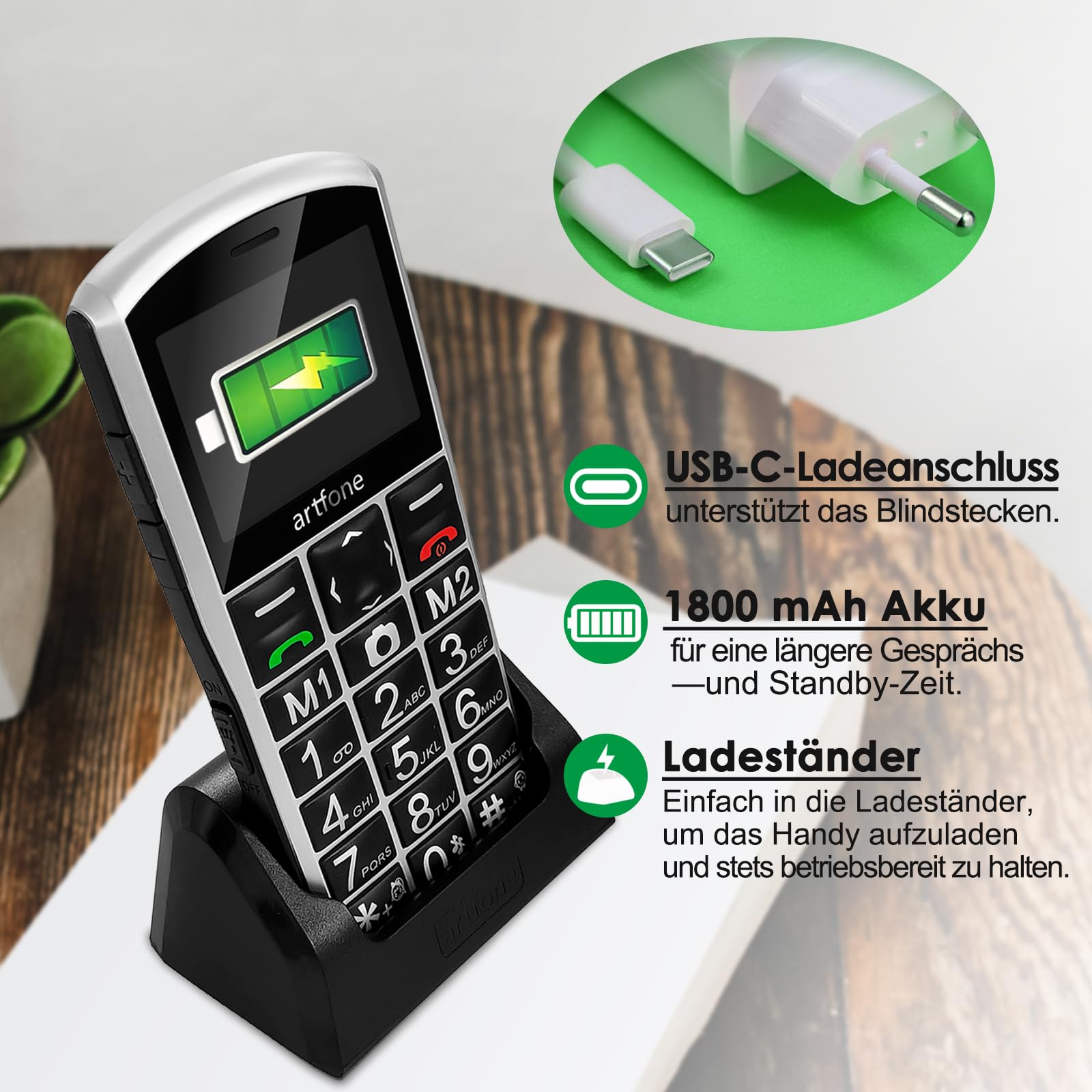 artfone 4G Volte - Teléfono móvil para personas mayores, sin contrato, teclas grandes, con botón de emergencia y batería de 1800 mAh, doble SIM con estación de carga de mesa, teléfono móvil sencillo