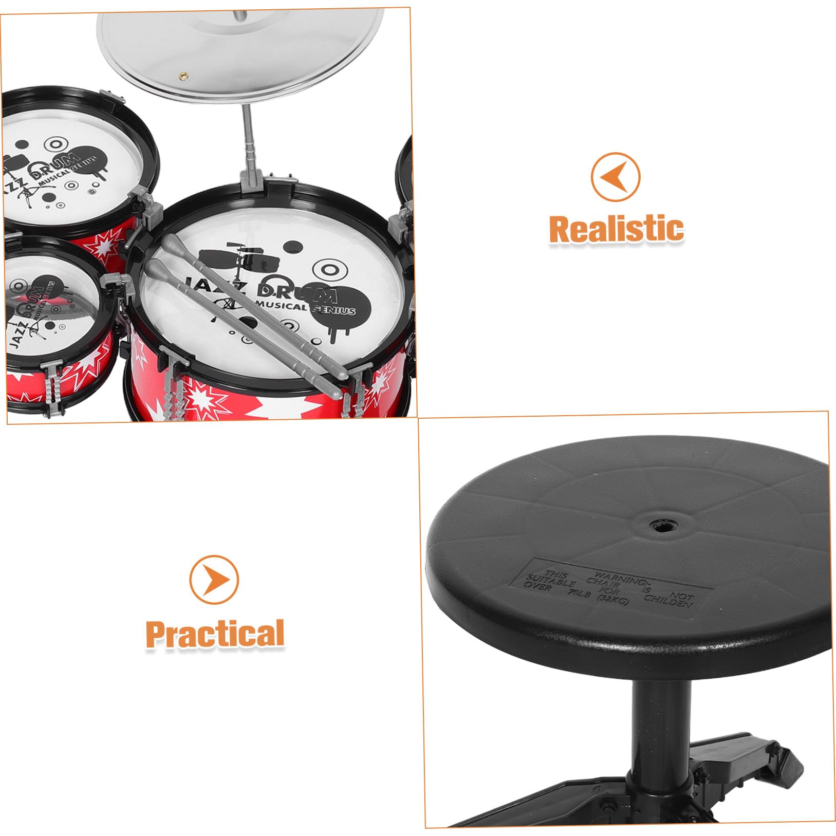 Juego de Batería para Pequeños, Batería de Percusión Abs Roja Borde Negro, 5 Tambores Taburete y Baquetas, Instrumento Musical Educativo para Desarrollo Temprano y Ritmo, Juguete