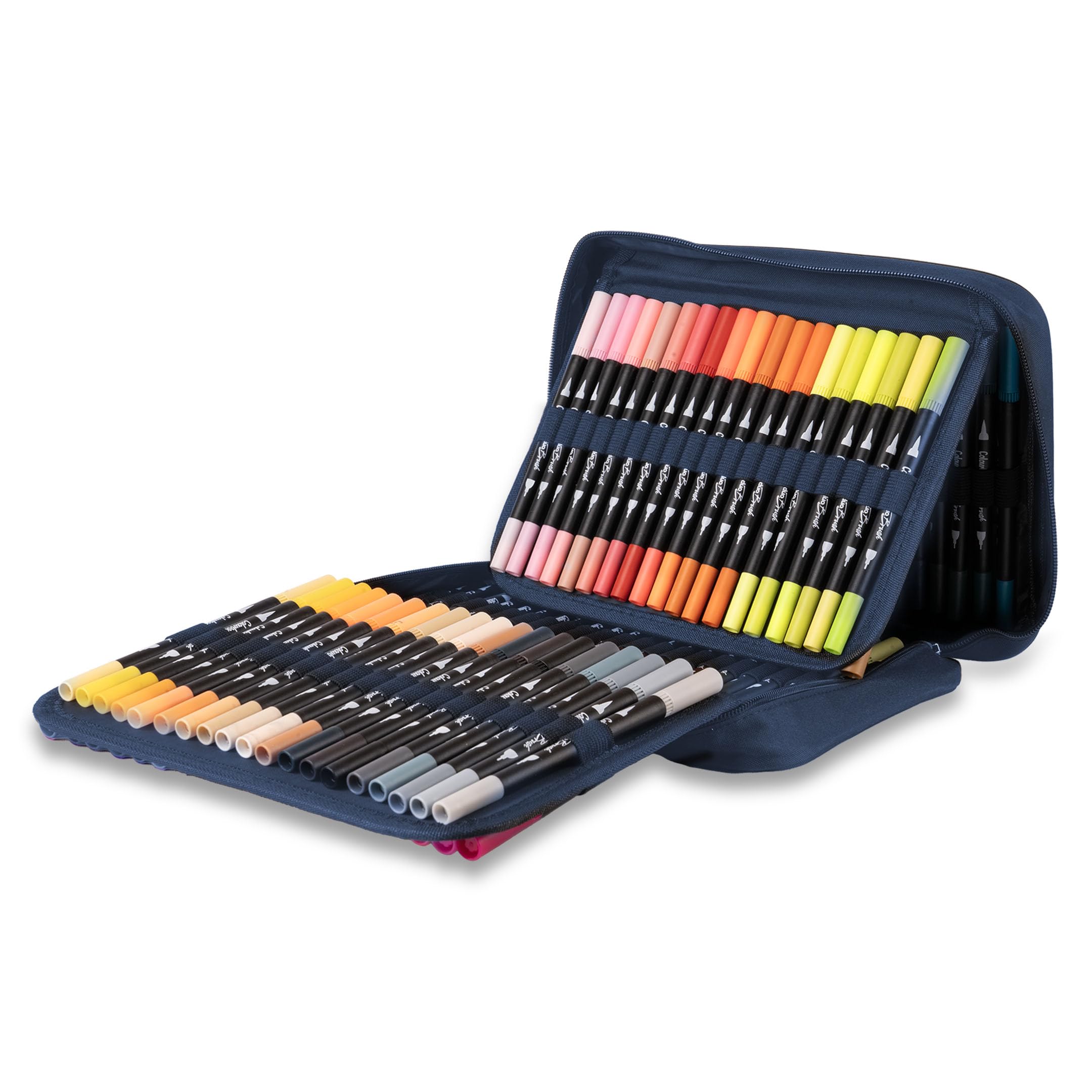 Colourbook - Pennarelli Duo Brush, Doppia Punta 2.5mm e 5mm, 120 Pennarelli Professionali per Disegno Artistico, Punta Fine e Morbida, Valigetta Organizzata (Blu Navy)