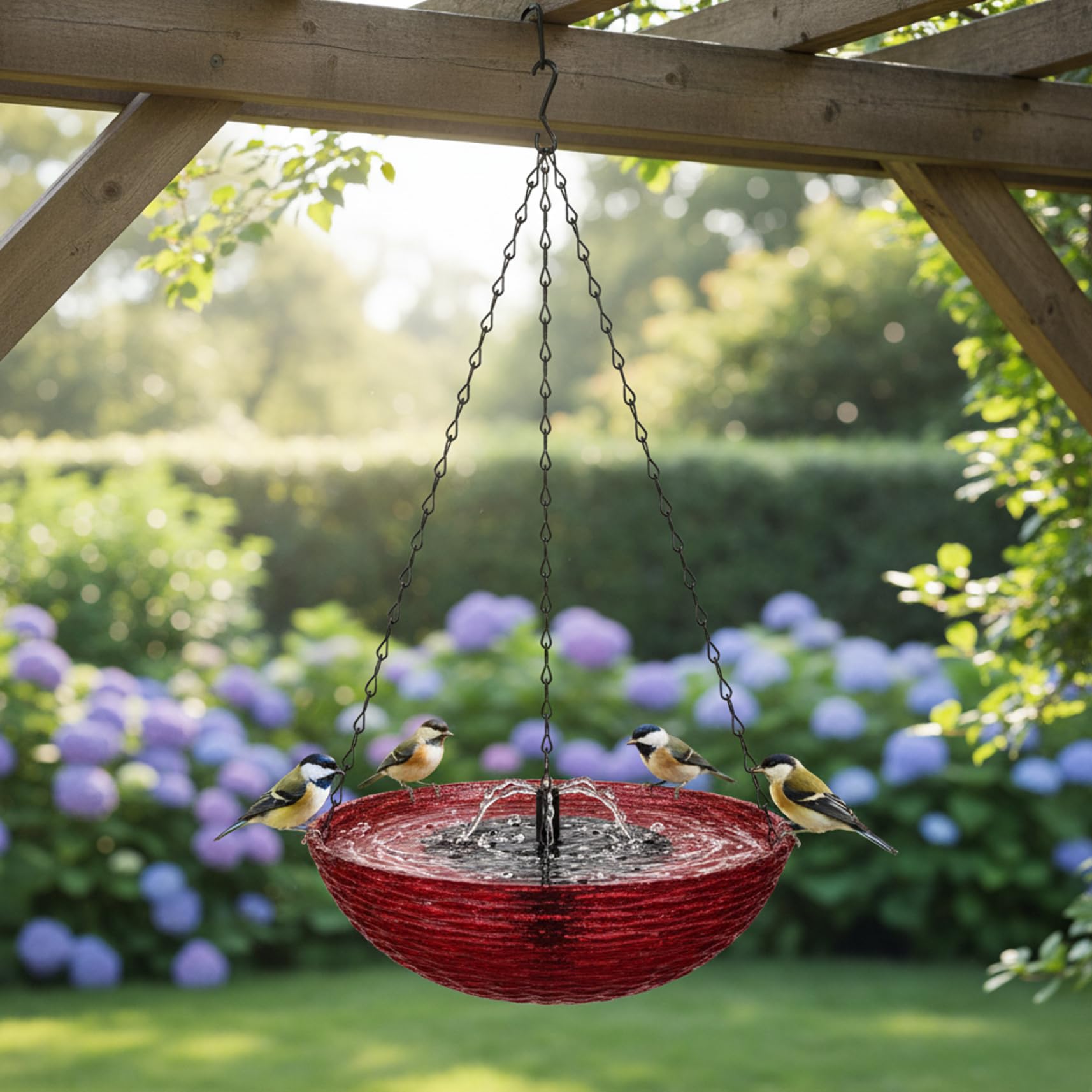 Vaschetta per Uccelli sospesa ad energia Solare per Esterni, Fontana per Uccelli per Giardino, Patio e Cortile (23x56 cm) Rossa