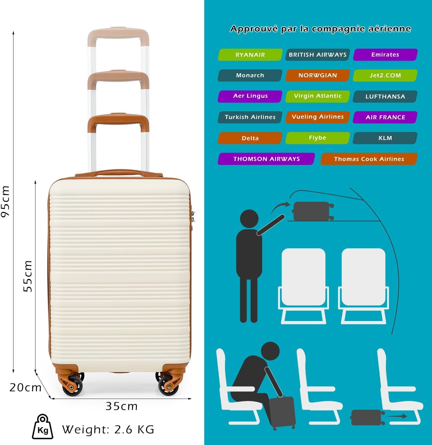 COOLIFE Valise Cabine 55x35x20 pour Ryanair & Easyjet, Bagages Cabine pour Courts Séjours et Voyages d&rsquo;affaires, Coque Rigide en ABS avec Serrure TSA, 4 Roues Pivotantes à 360° (Noir/Marron)