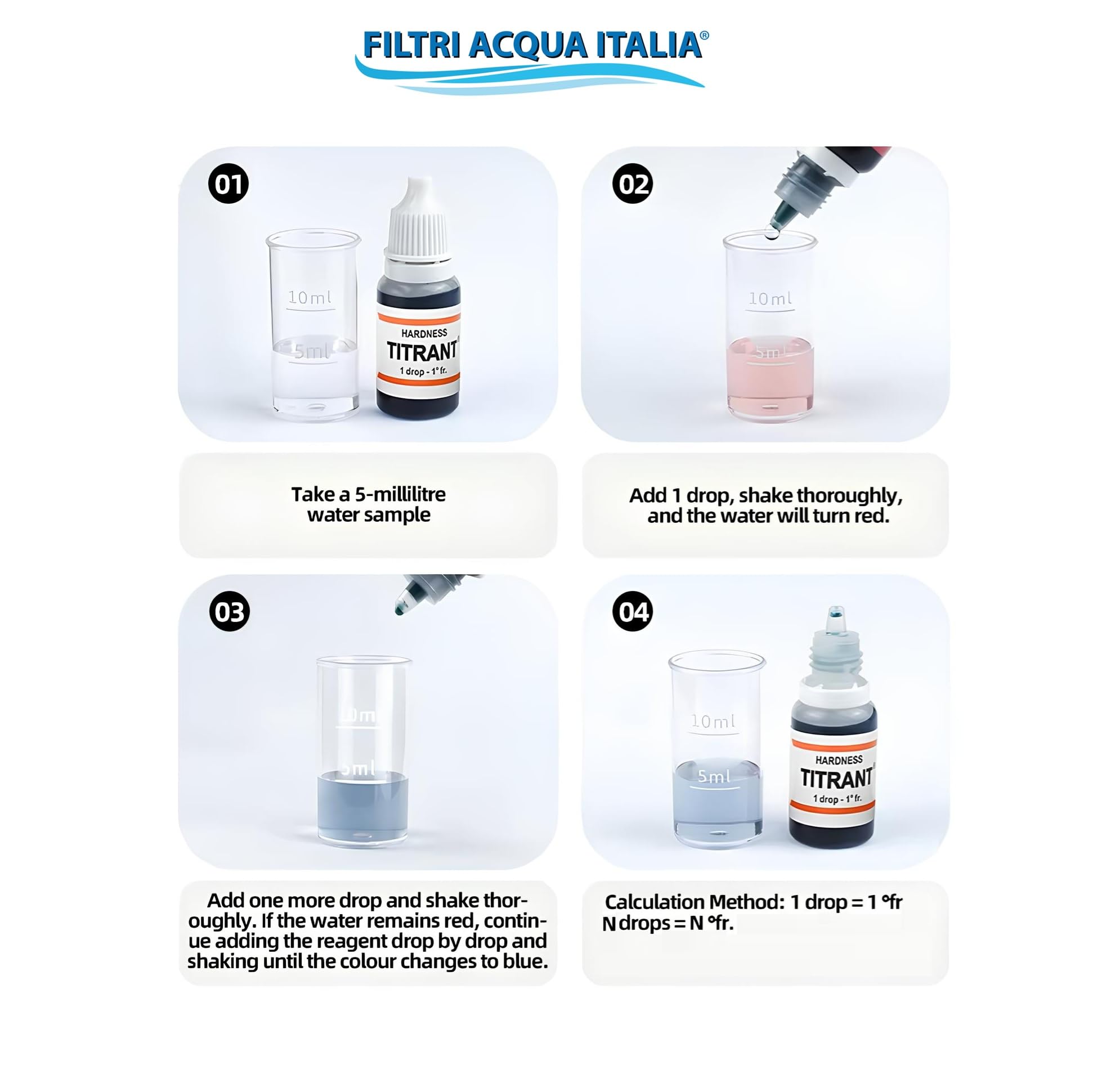 Titrant Set 4 Pezzi Kit Analisi Durezza Acqua (Gradi Francesi) per Misurare Calcare