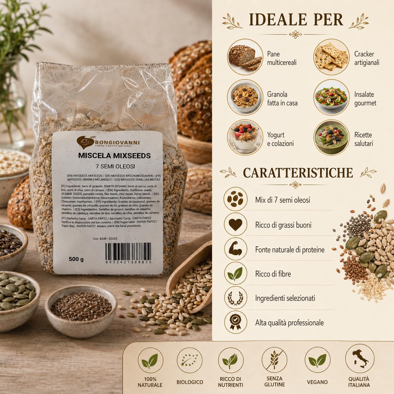 Bongiovanni Bontà Naturali MixSeeds Mezcla de 7 Semillas Oleaginosas, 500 g