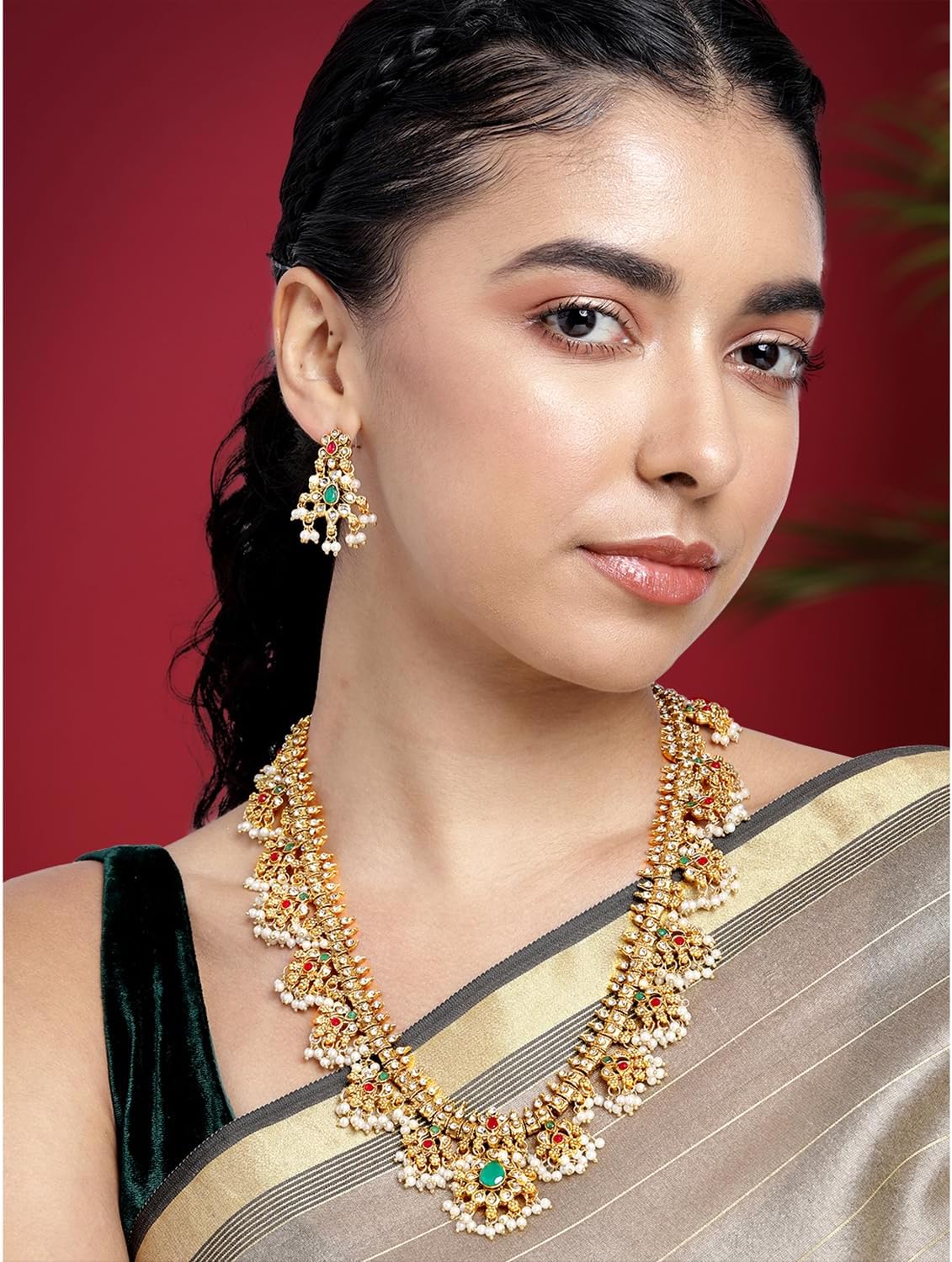 Aheli Traditional South Indian Bridal Necklace with Earrings Temple Bharatanatyam jewelry set for Women
