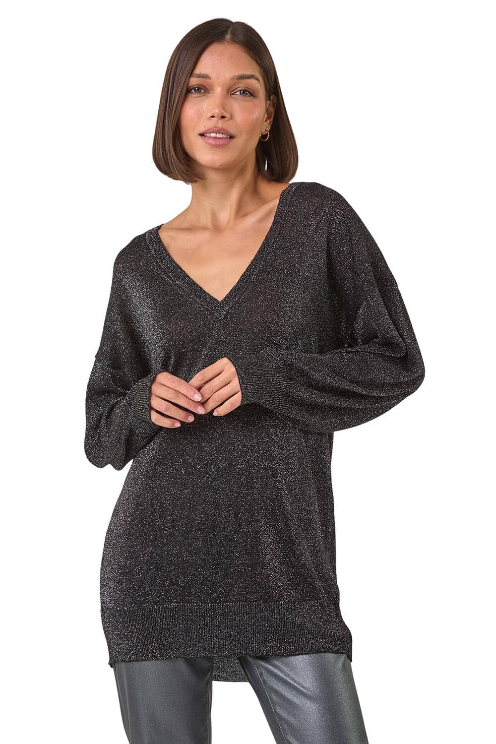 Roman Women's Relaxed Stretch Shimmer V-Neck Jumper in Black | Size: 10