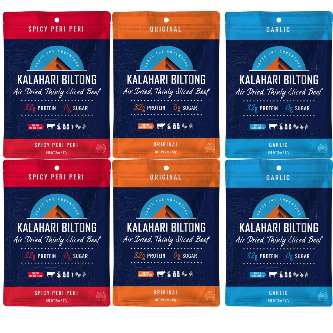 Kalahari Biltong Variety Pack – 6 Pack (Peri Peri, Garlic, classic Original) – High Protein, Low Carb, Gluten Free, Keto-Friendly Snack