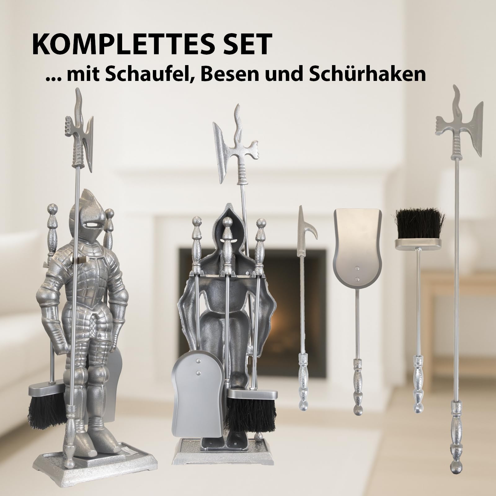 TRUTZHOLM Kamingarnitur Kaminbesteck Ritter Kaminset Ofenbesteck schwarz oder silber 4-tlg Schaufel, Besen, 1x Schürhaken, 1x Hellebarde Gusseisen (Silber)