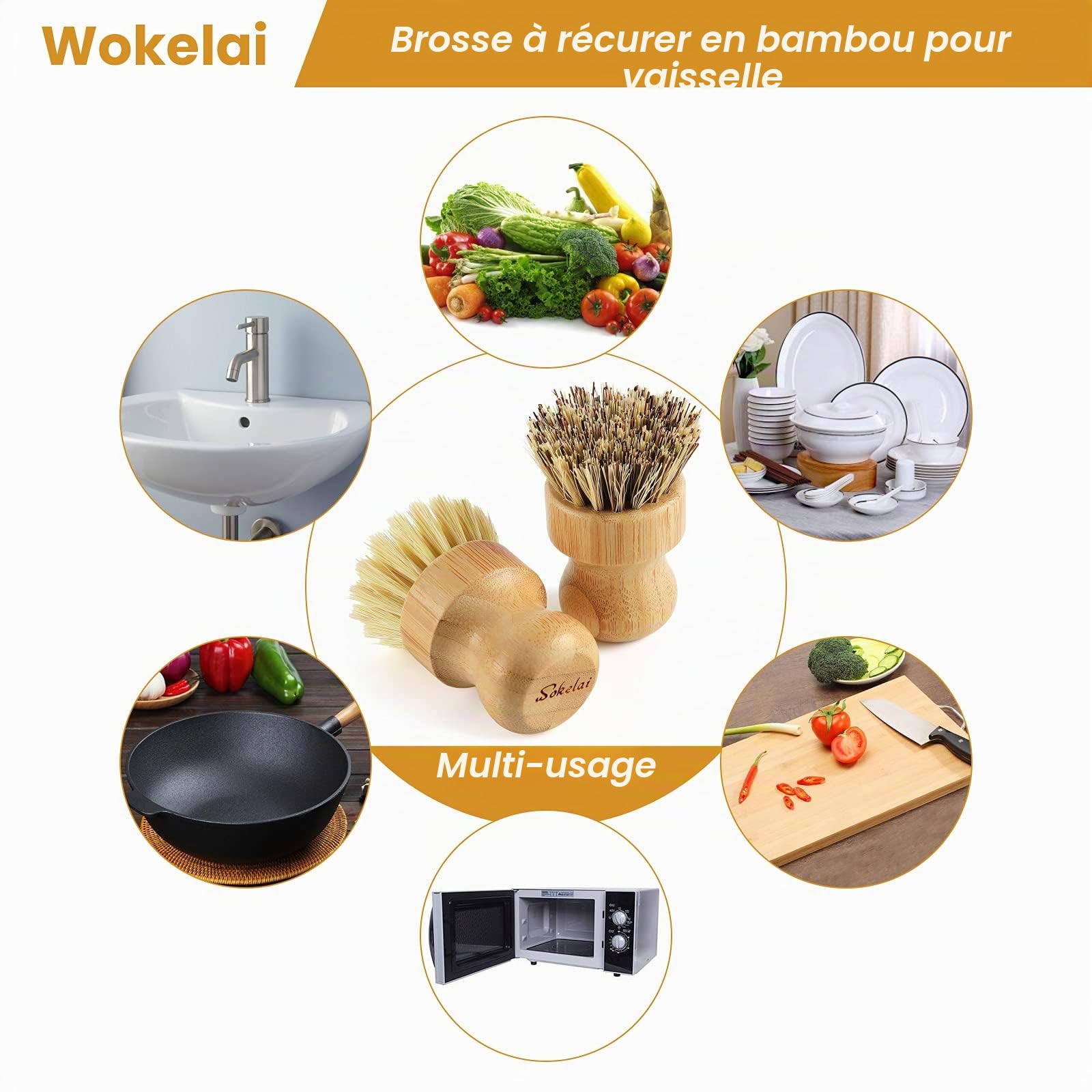 Brosse à vaisselle en bambou pour cuisine – Respectueux de l'environnement en fibre de sisal naturel pour la vaisselle, les casseroles, les poêles, les légumes, l'évier