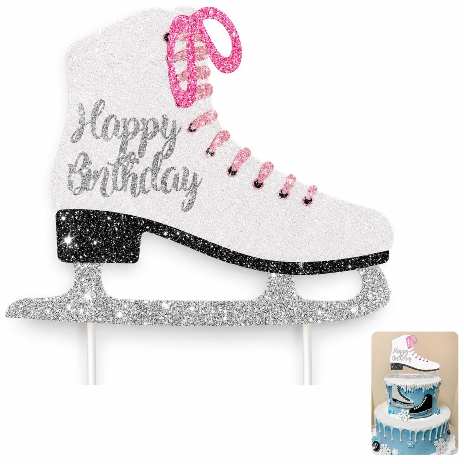 Mistillion Glitter Ice Skating Cake Topper, White Figure Skating Themed Birthday Cake Decoration, 18x16cm for Ice Skater Winter Wonderland Parties