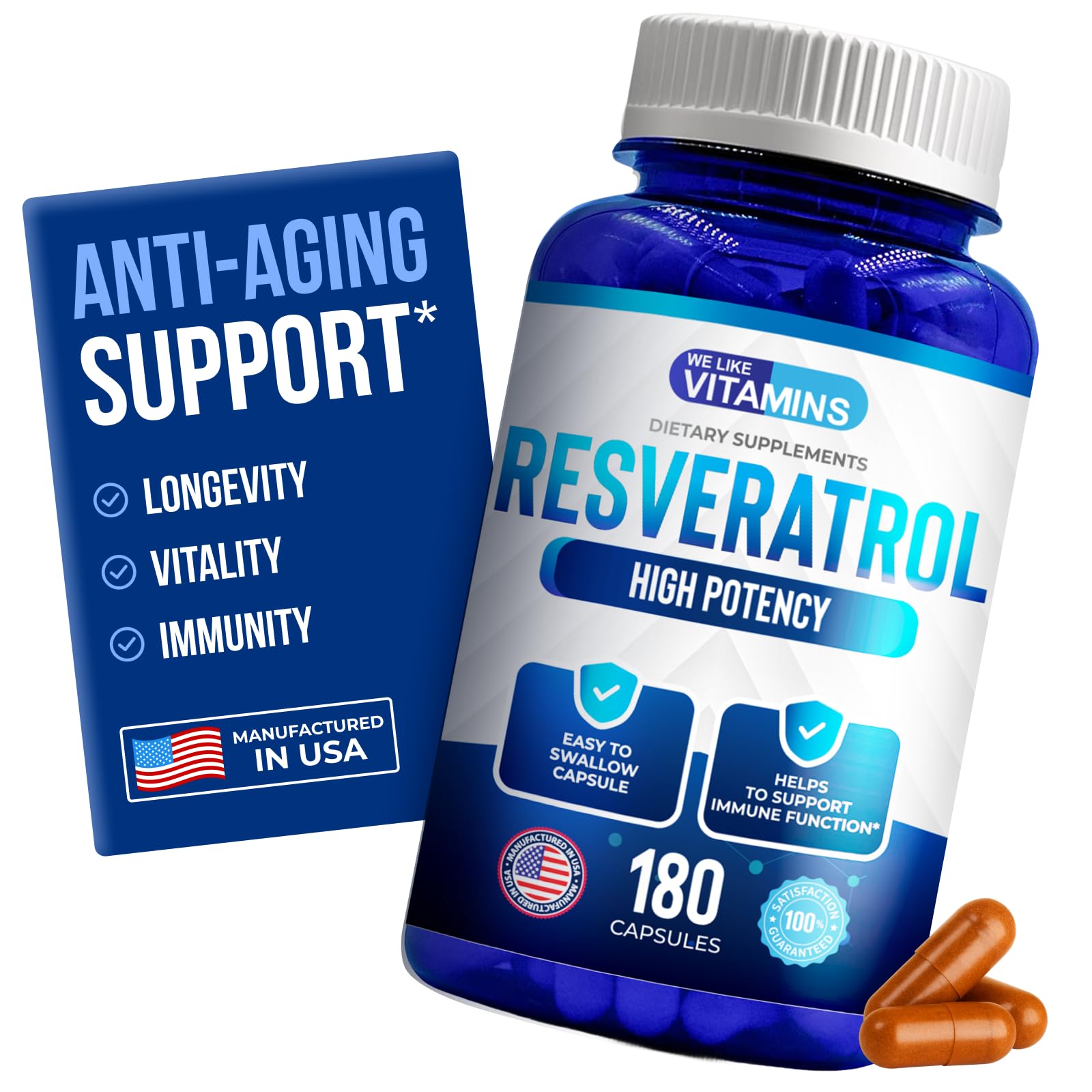 We Like Vitamins Resveratrol 1000mg per Serving - 180 Easy to Swallow Veggie Capsules - Natural Resveratrol Supplement 1000mg - Antioxidant Supplement
