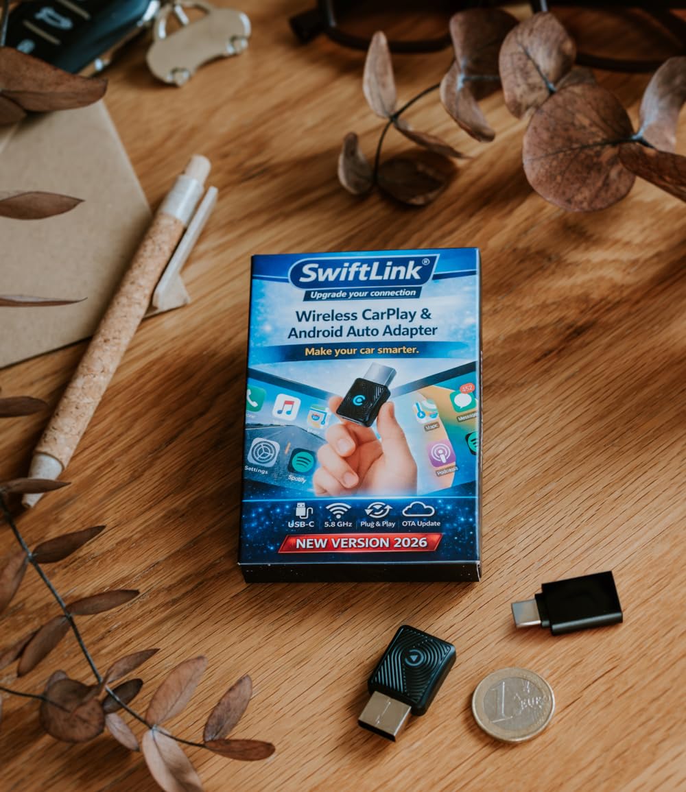 Bezprzewodowy CarPlay i Android Auto 2026 SwiftLink LITE Adapter Bluetooth iPhone Android | Wyższy Komfort Jazdy | Stabilna i Płynna Transmisja Plug&Play | Połączenie bez Kabli i Nowoczesny Design