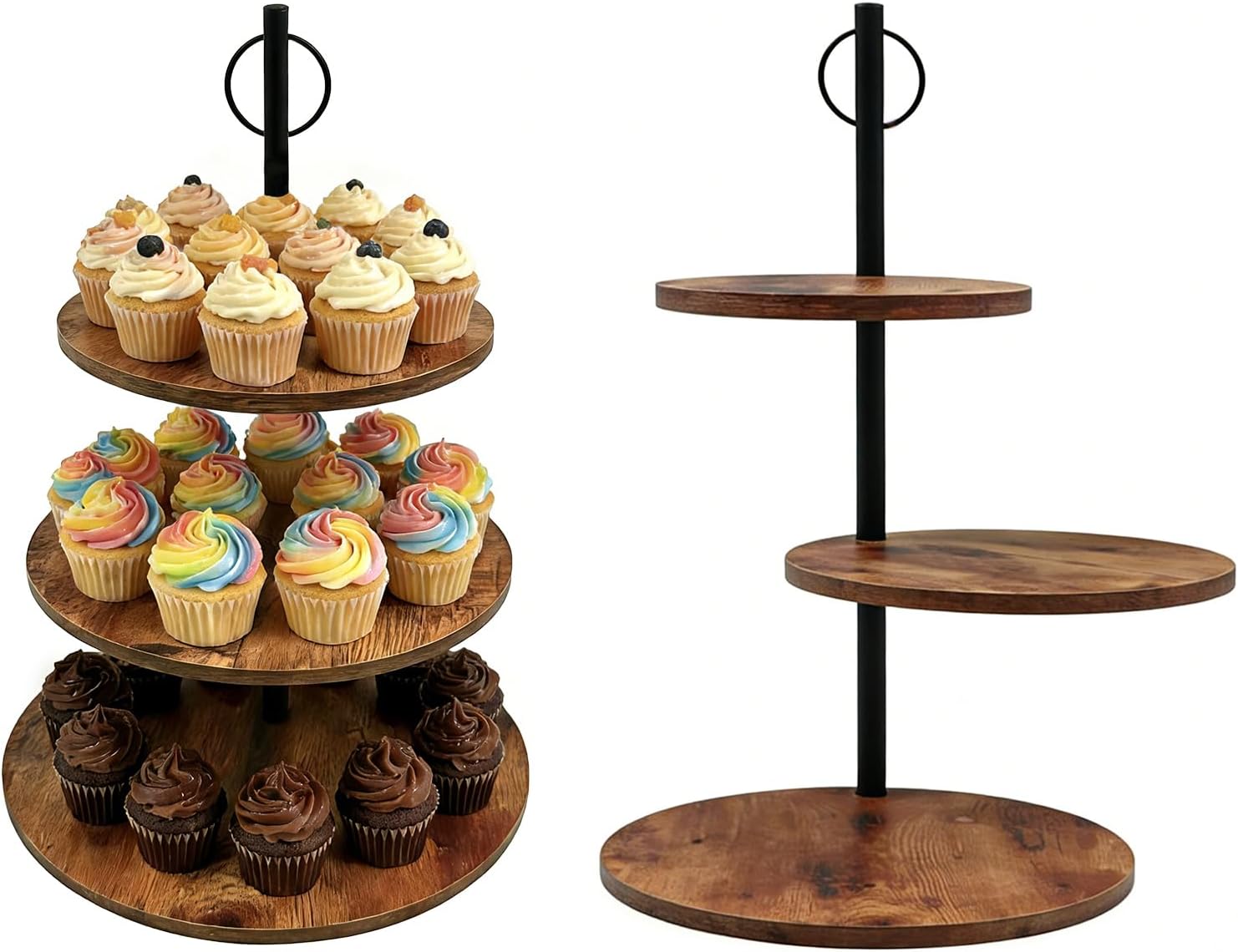 Wood Tiered Tray, Cup Cake Display Stand, 3-Tier Afternoon Tea Stand, Rustic Dessert Cupcake Holder for Weddings, Birthdays, Tea Parties, 2-Pack,Farmhouse and Kitchen Decor