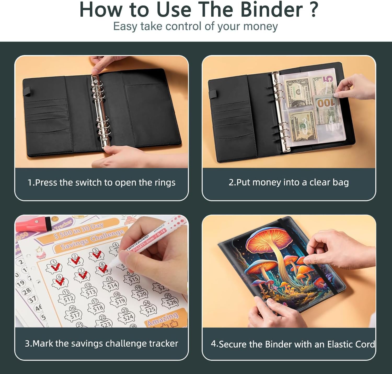 100 Envelopes Money Saving Challenge, A5 Budget Binder with Cash Envelopes & 3 Budgeting Planner Trackers to Save $5,050, 10,000, 500, Money Savings Challenge Book for Organizer, Colorful Mushrooms