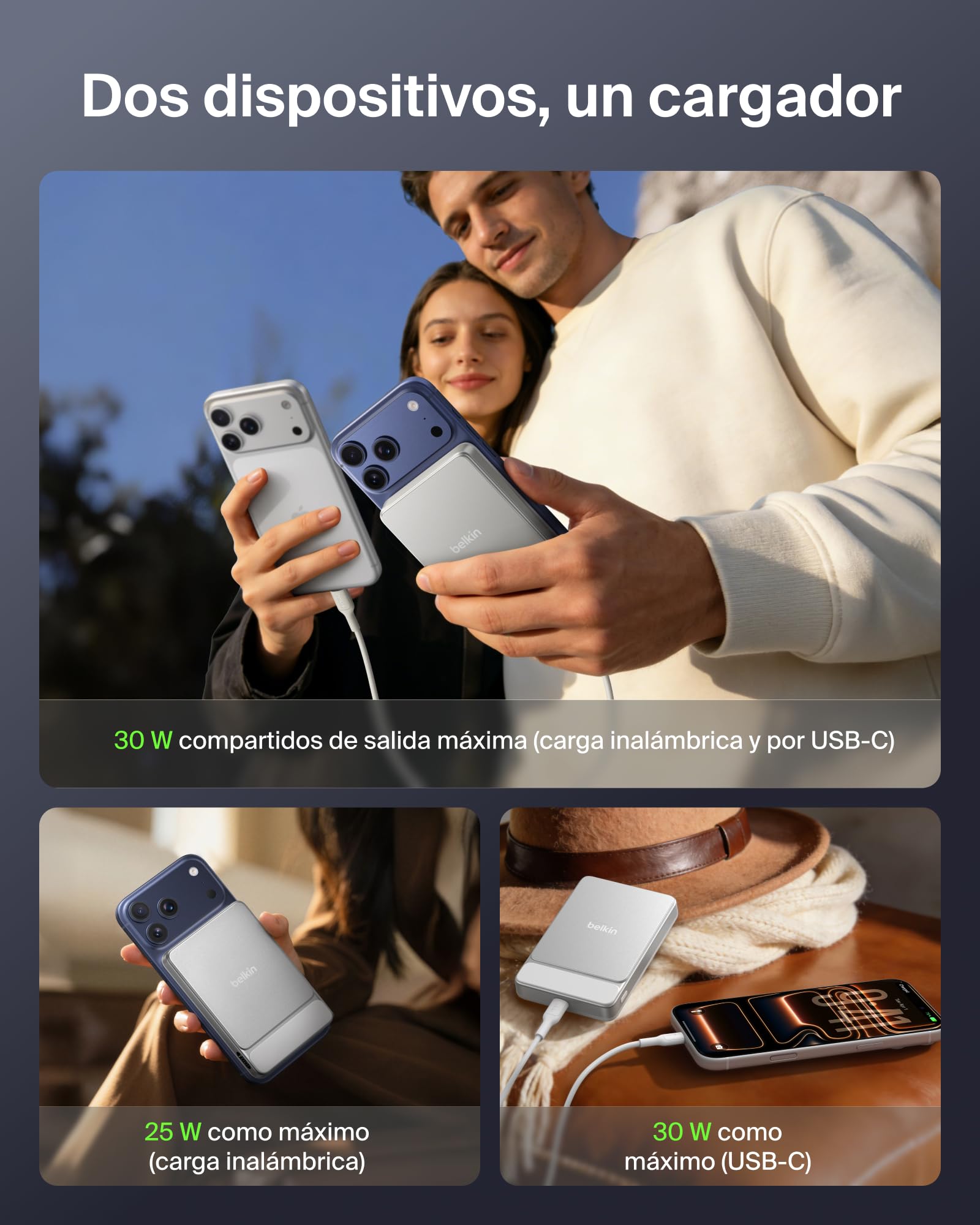 Belkin UltraCharge Batería Externa Magnética 10000 mAh Puerto USB- C Blanco | Power Bank 10000 mAh, Certificación Qi2 25 W, Anillo Magnético, Puerto USB-C, Cable, Autorizada en Aviones, Batería Portátil