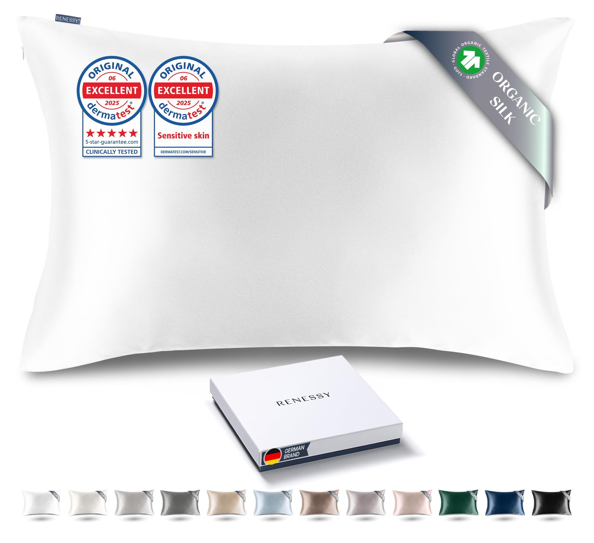 RENESSY Funda de Almohada de Seda 100% Orgánica 50x90 cm - 22 Momme Seda de Morera, Grado 6A, certificada por Oeko-Tex en Alemania - Lujo para el Cabello y la Piel, 1 Unidad (Blanco) OEKO-TEX MADE IN GREEN OEKO-TEX MADE IN GREEN OEKO-TEX MADE IN GREEN