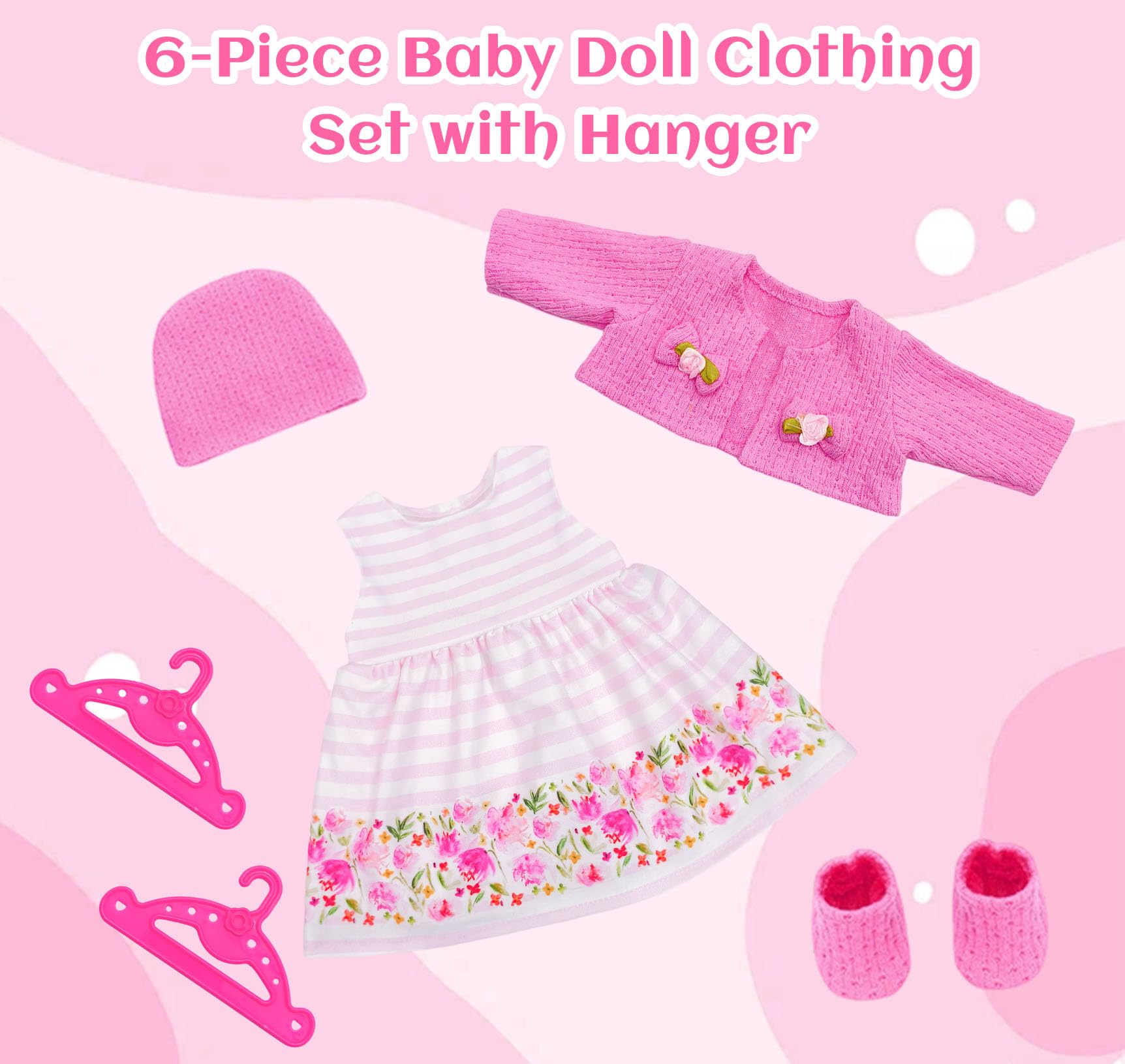WanderGo Baby Doll Clothes 35-43 cm, 6-piece Outfit with Pink Cardigan + Floral Dress + Socks + Hat + 2 Hangers - Image 3
