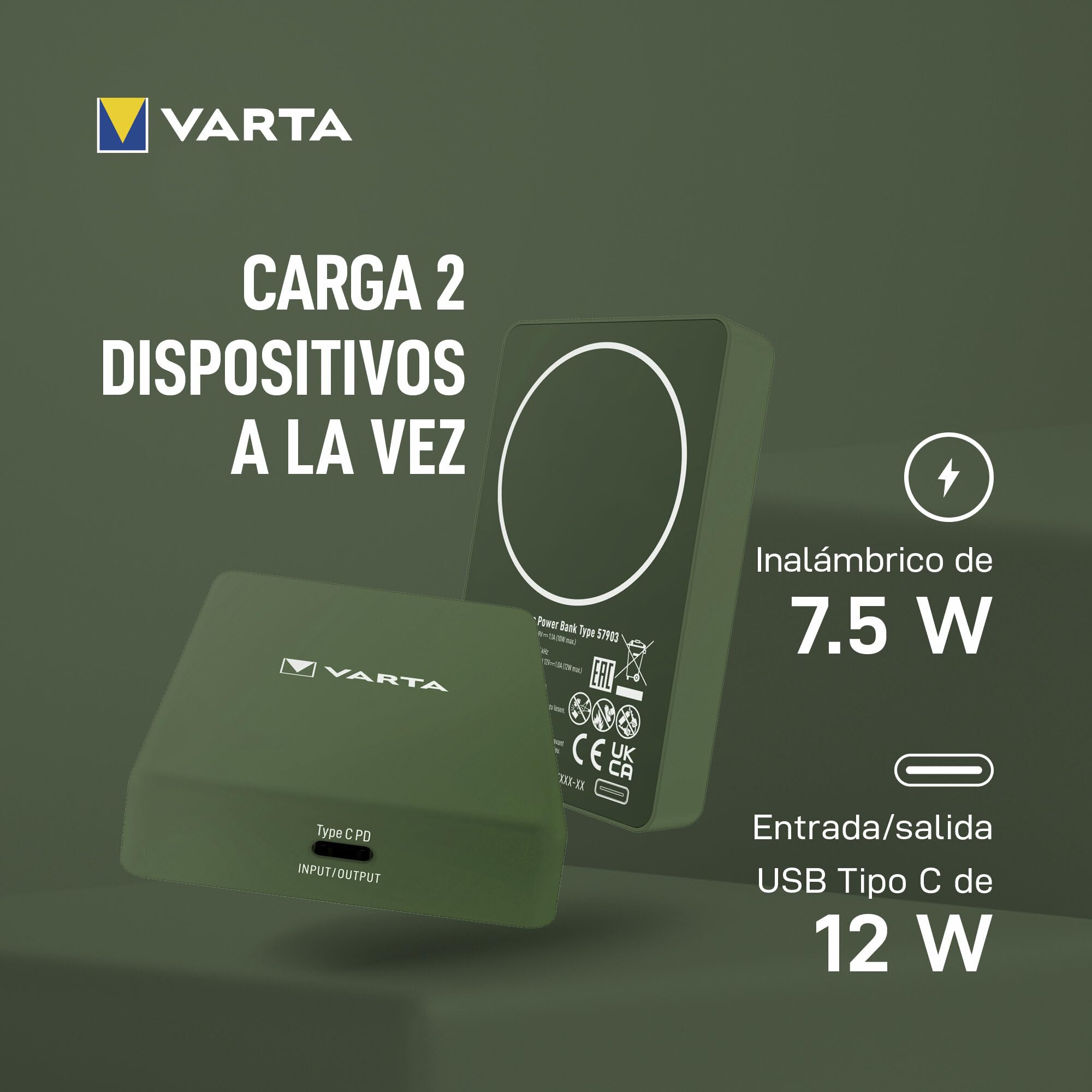 VARTA Batería Externa 5.000mAh, Power Bank inalámbrico magnético, Mag Pro Power on Demand, wireless, 7,5W, cargador con USB Tipo C, compatible con MagSafe y Qi Standard (iPhones y Android), verde | Power on Demand, carga inalámbrica MagSafe y Qi, cargador