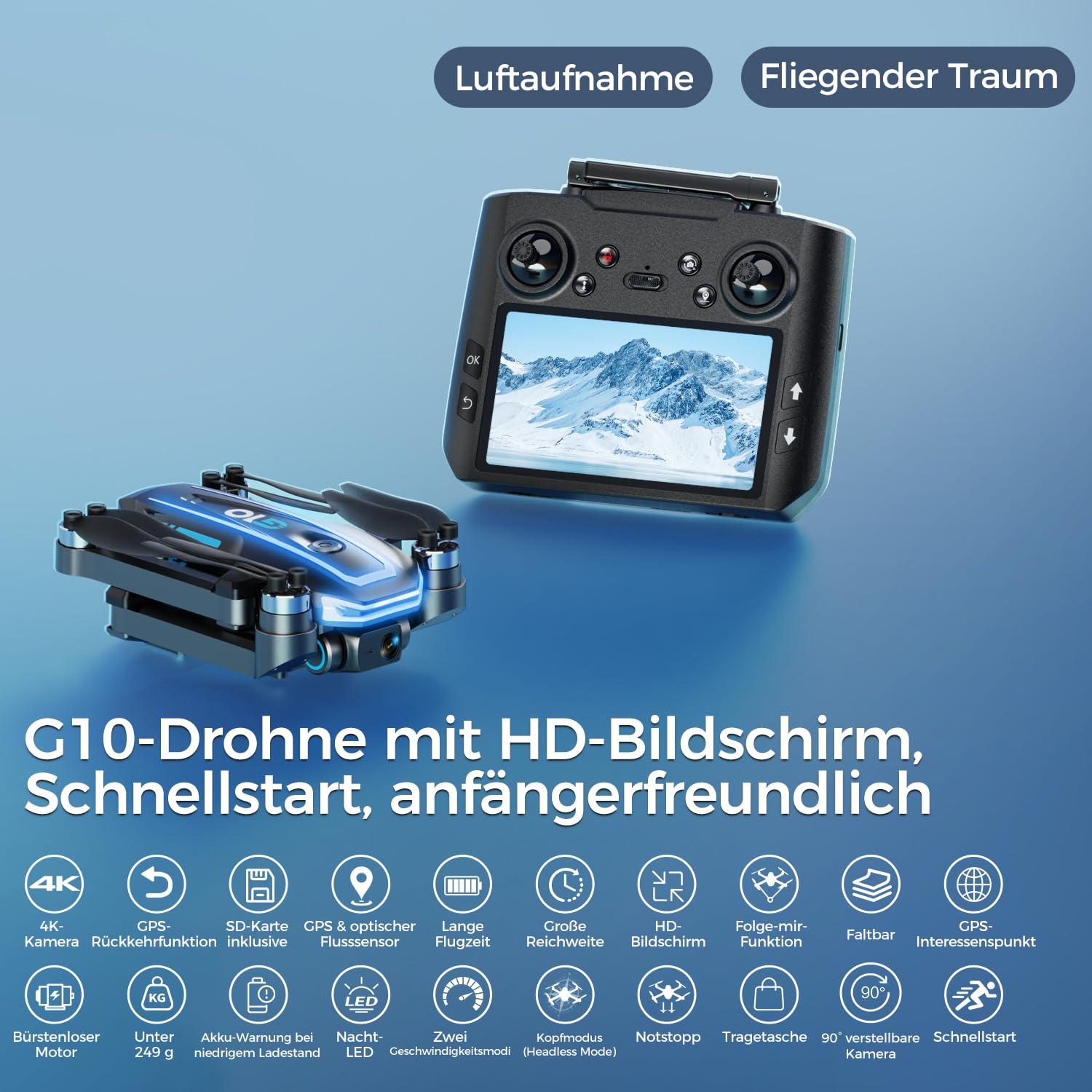 GPS Drohne mit kamera EIS 4K(Bildschirmfernsteuerung),Faltbare Mini Drone für Erwachsene, Einsteiger und Kinder, 45 Minuten Flugzeit, 2 zusätzliche Akkus, Auto Rückkehr, Unter 249g, C0