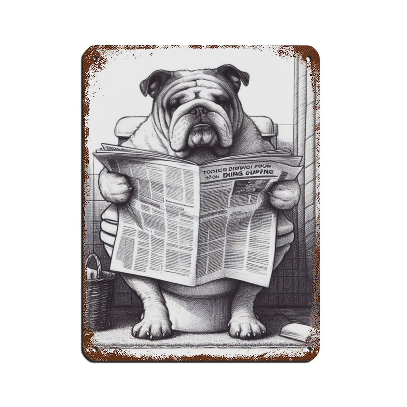 Bathroom Art English Bulldog on Toilet Tin Sign Vintage Metal Pub Club Cafe Bar Home Wall Art Decoration Poster Retro 12x16inch(30x40cm)
