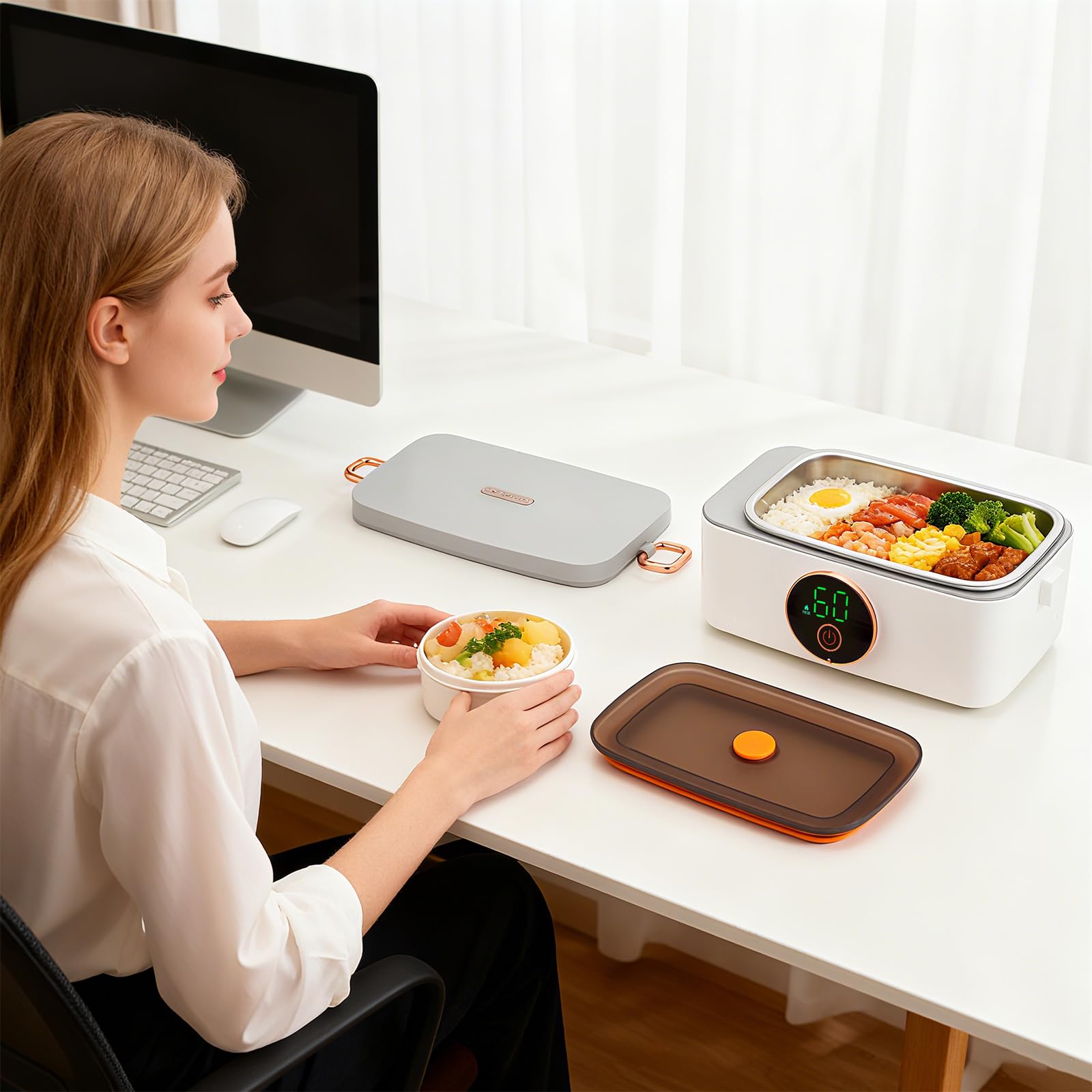 Fiambrera eléctrica con batería 16000mAh 1L Fiambrera calefacción inalámbrica para adultos función de calentamiento automático, Fiambrera calefacción por USB, Contenedor interior de acero inoxidable