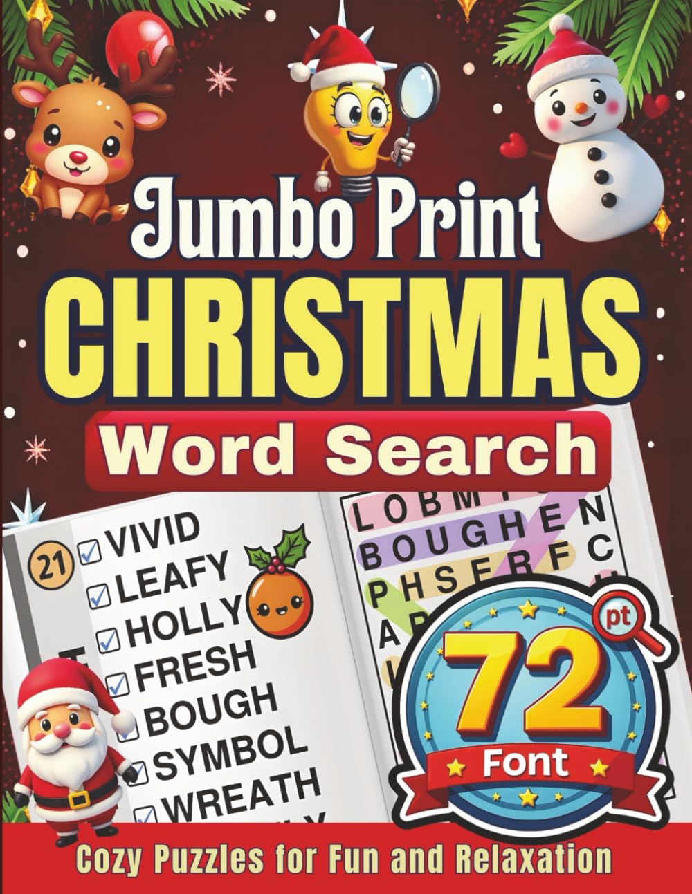 Jumbo Print Christmas Word Search (72 pt Font): Cozy Puzzles for Fun and Relaxation: Brain-Boosting Holiday Games for Seniors, Teens, and Adults with Low Vision