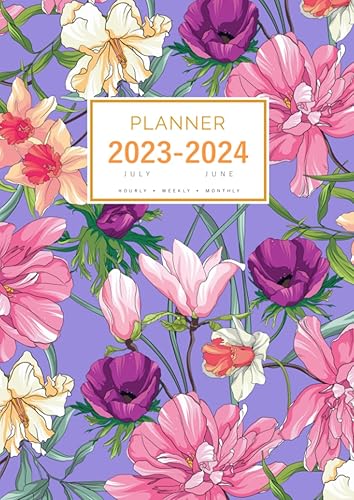 Planner July 2023-2024 June A4 Large Notebook Organizer with Hourly Time Slots  Peony Iris Magnolia Design Blue-Violet