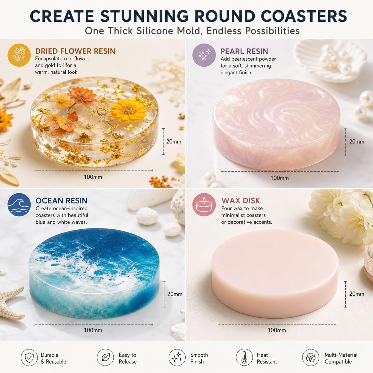 Extra Deep Coaster Resin Molds for 6 Cavity Round Thick Epoxy DIY Art Craft | 4 Inches Extra Thick Round Coaster Silicone Mold for Resin Epoxy, Flower Preservation, Easy Release, Beginner Friendly