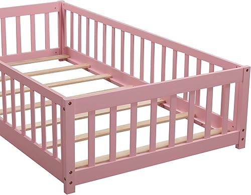 Miniatura 52 de Cama de plataforma de suelo de tamaño individual con valla, cama de madera para niños, cama de cerca para niños con puerta, no necesita somier