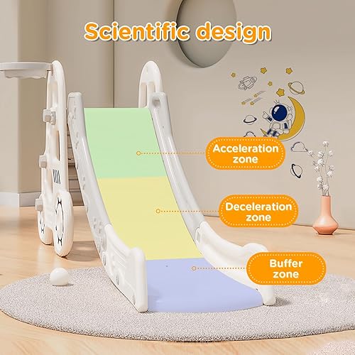 Miniatura 3 de FAHKNS Tobogán 3 en 1 para niños pequeños, tobogán para escalador con aro de baloncesto y pelota para patio de juegos en interiores y exteriores,